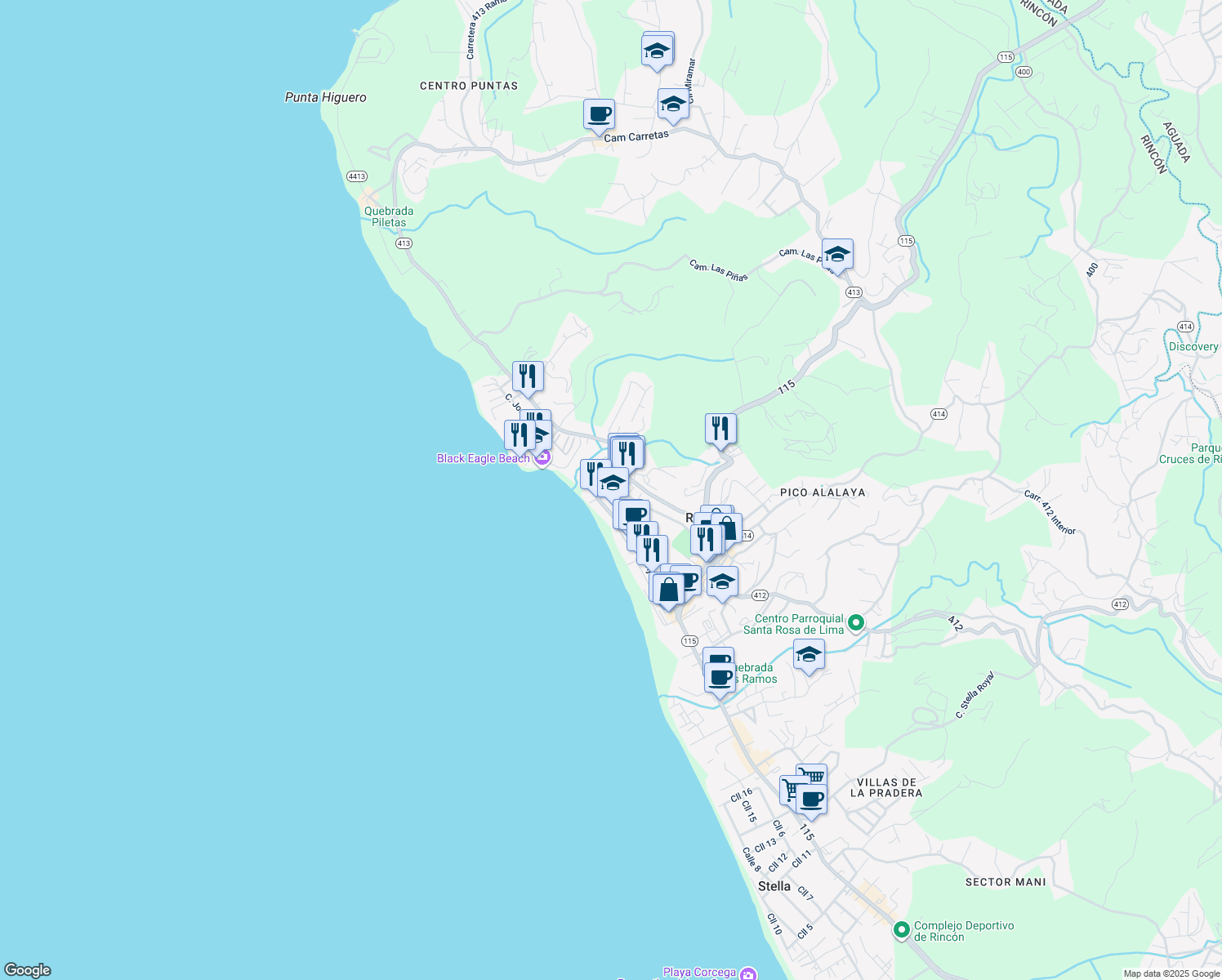 map of restaurants, bars, coffee shops, grocery stores, and more near Calle Sin Nombre in Aguada