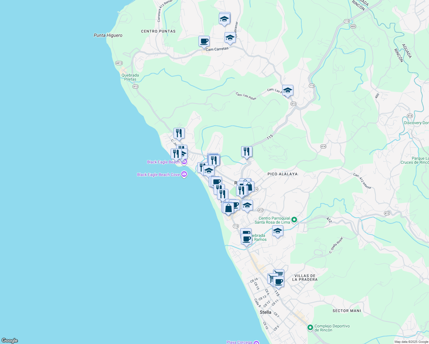 map of restaurants, bars, coffee shops, grocery stores, and more near in Rincon