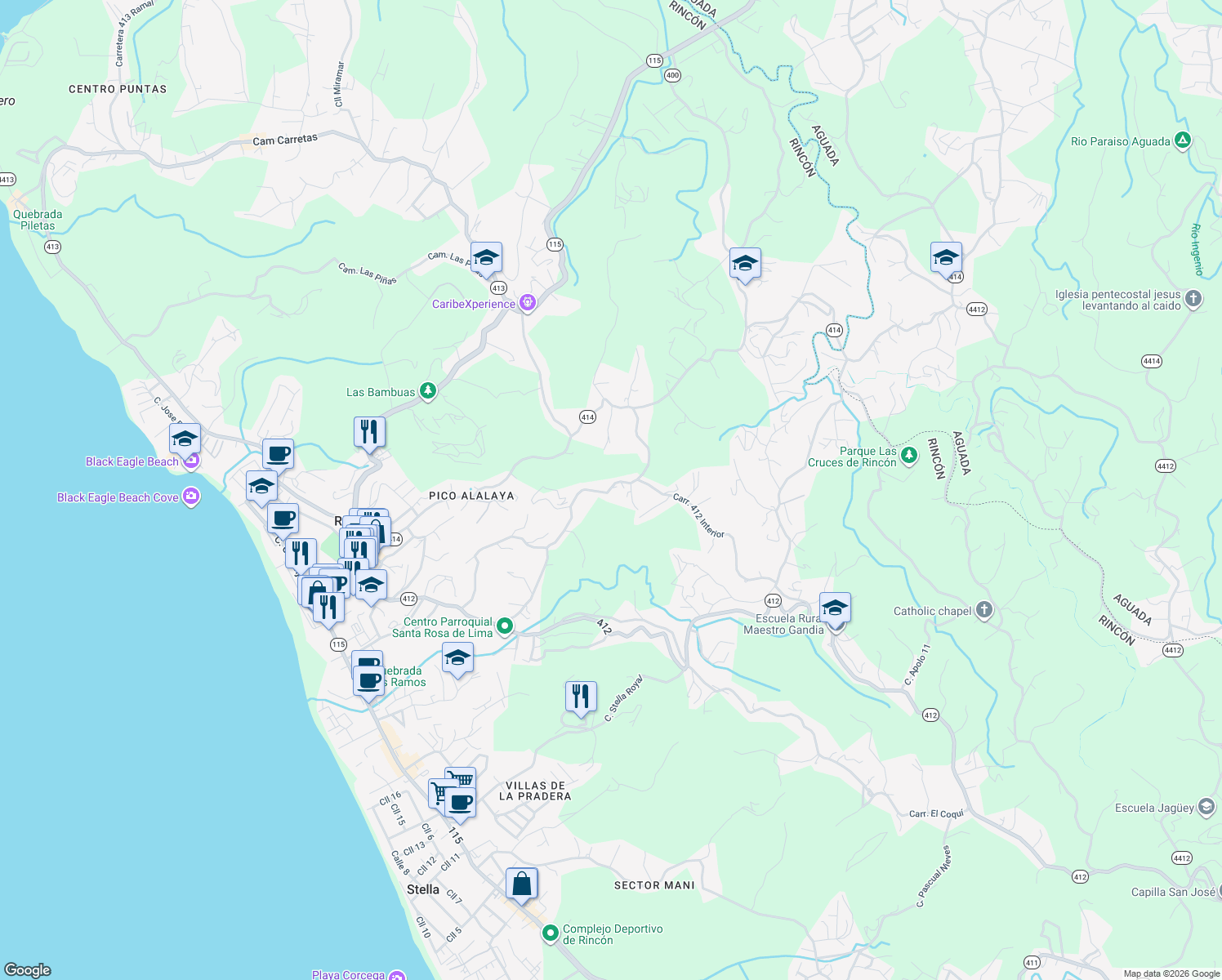 map of restaurants, bars, coffee shops, grocery stores, and more near in Rincon
