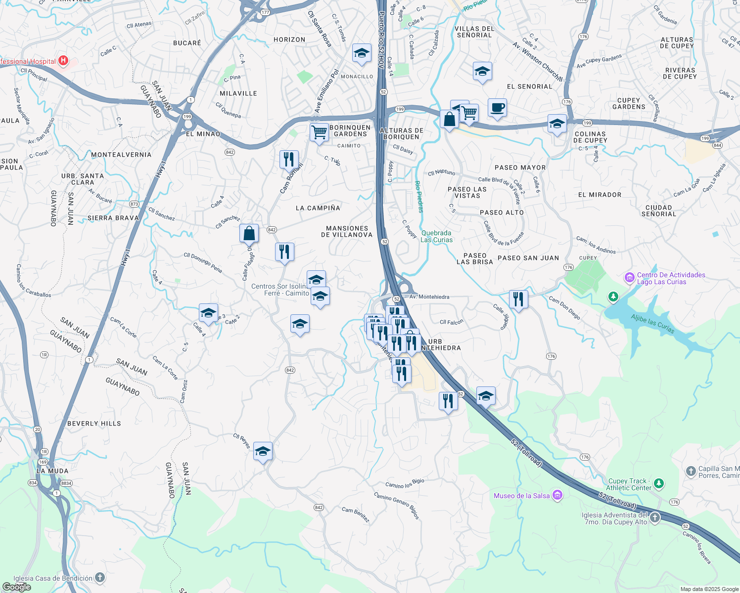 map of restaurants, bars, coffee shops, grocery stores, and more near Avenida Montehiedra in San Juan