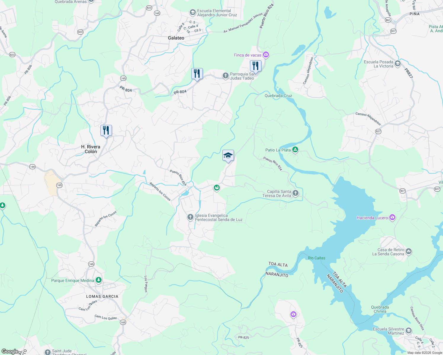 map of restaurants, bars, coffee shops, grocery stores, and more near Puerto Rico 824 in Toa Alta