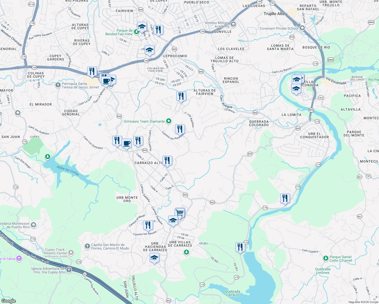 map of restaurants, bars, coffee shops, grocery stores, and more near in Trujillo Alto
