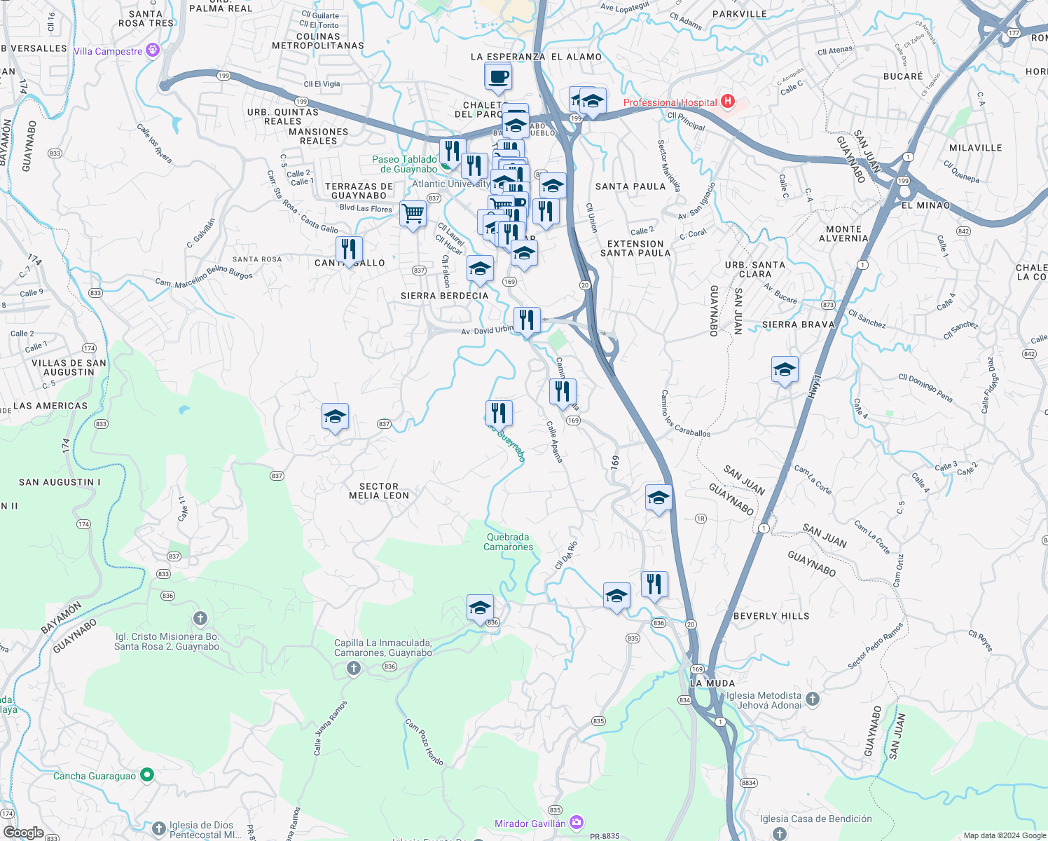 map of restaurants, bars, coffee shops, grocery stores, and more near Calle Anturio in Guaynabo