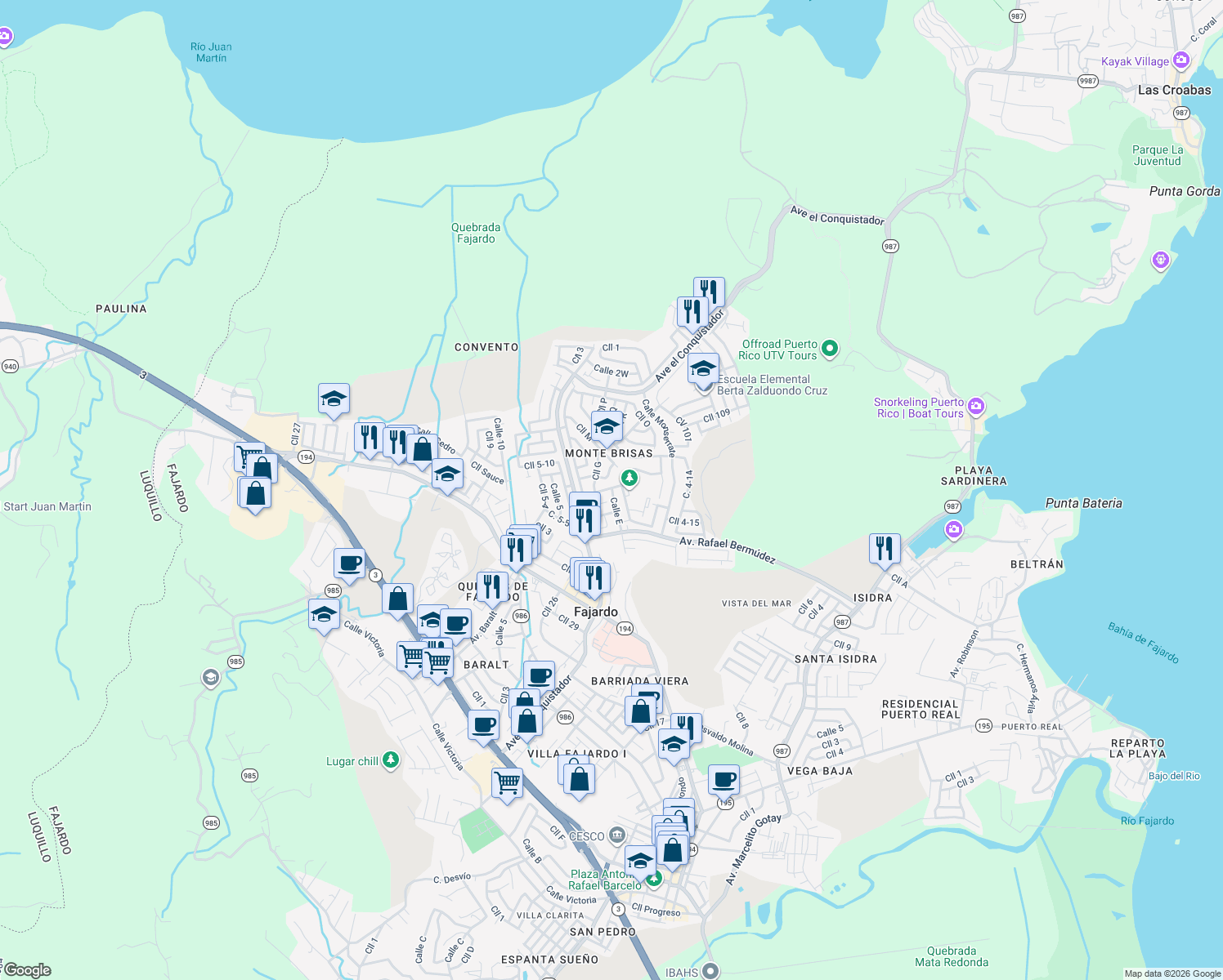 map of restaurants, bars, coffee shops, grocery stores, and more near in Fajardo