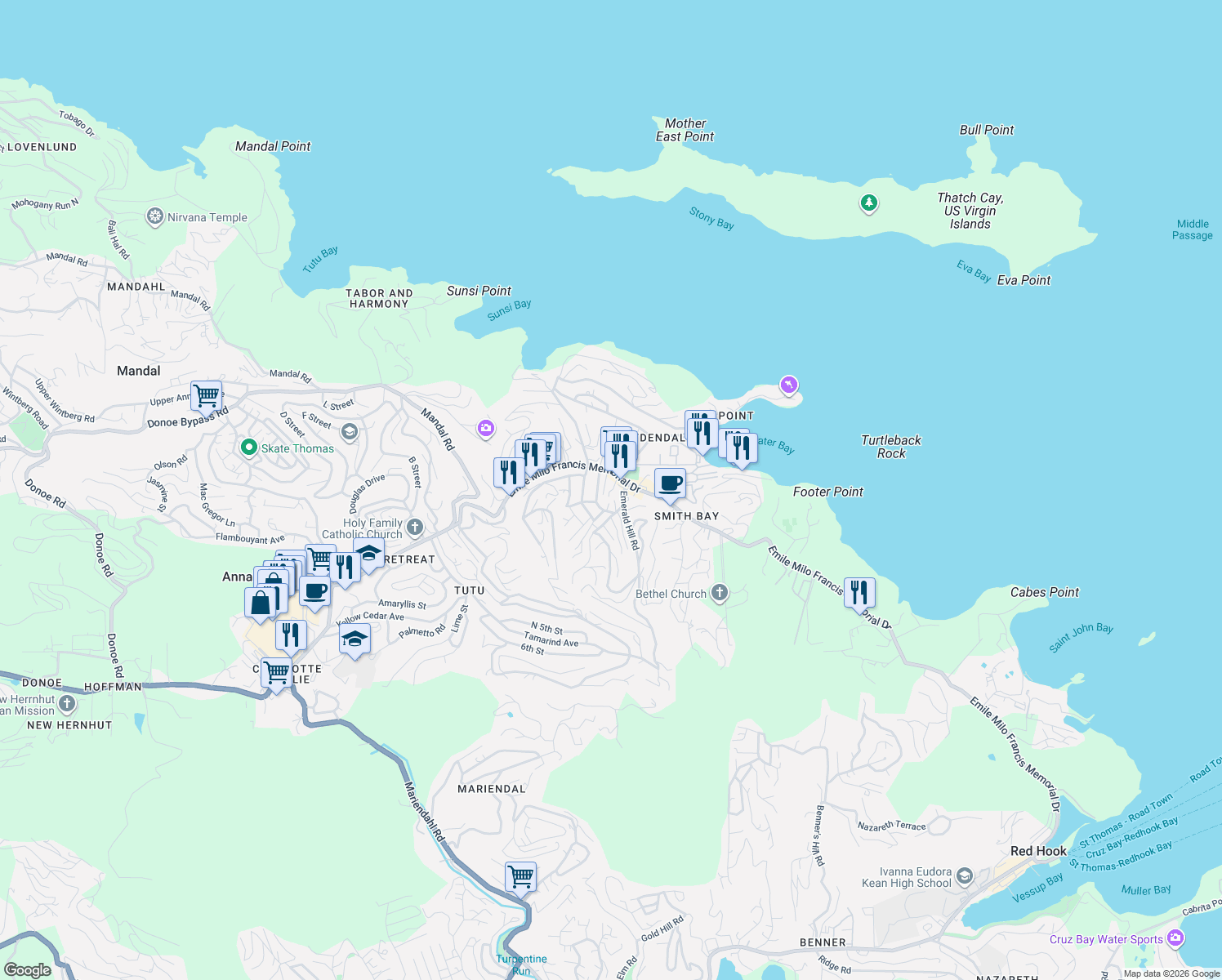 map of restaurants, bars, coffee shops, grocery stores, and more near 6659 Smith Bay Road in East End