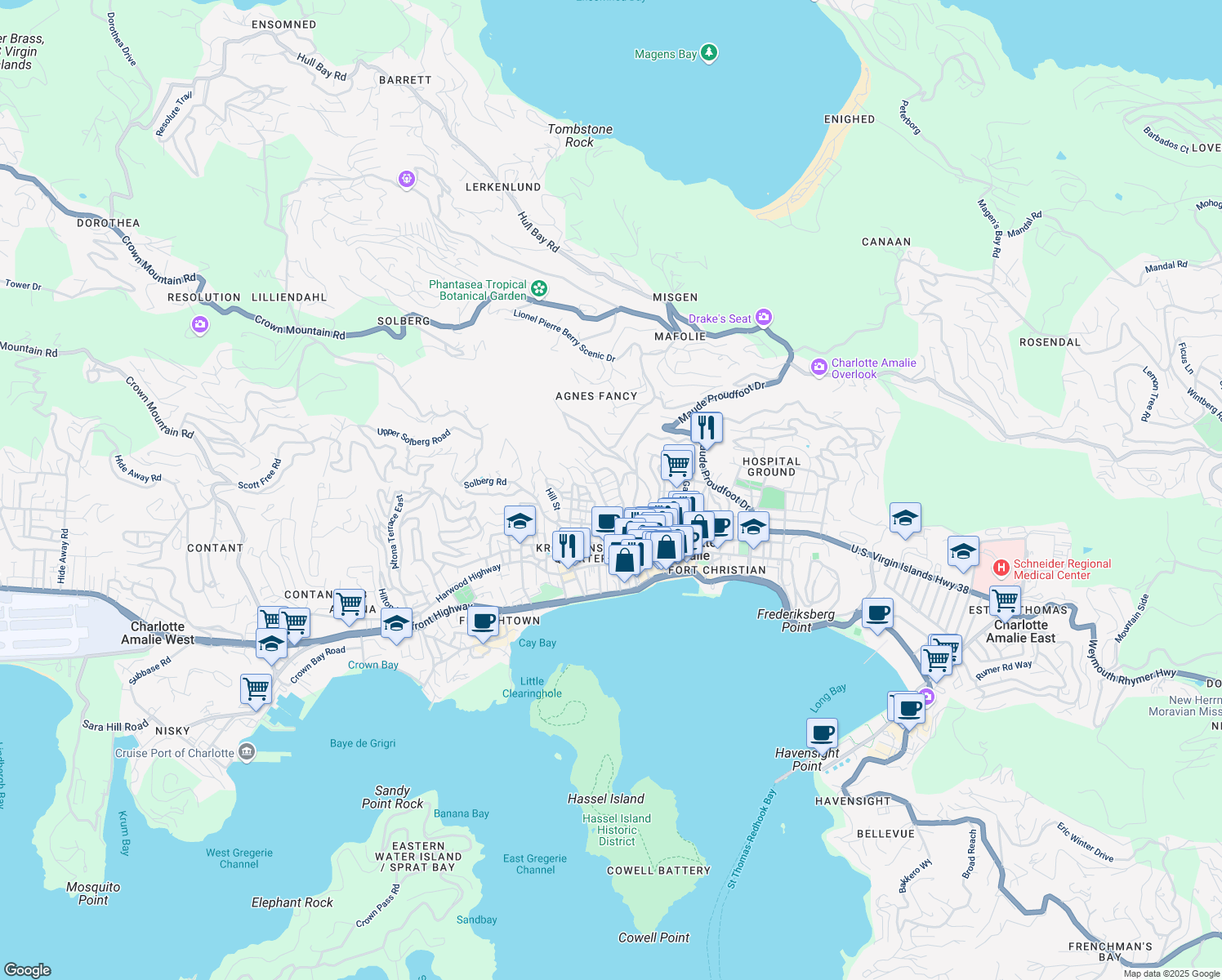 map of restaurants, bars, coffee shops, grocery stores, and more near Tamerind Gade in Charlotte Amalie