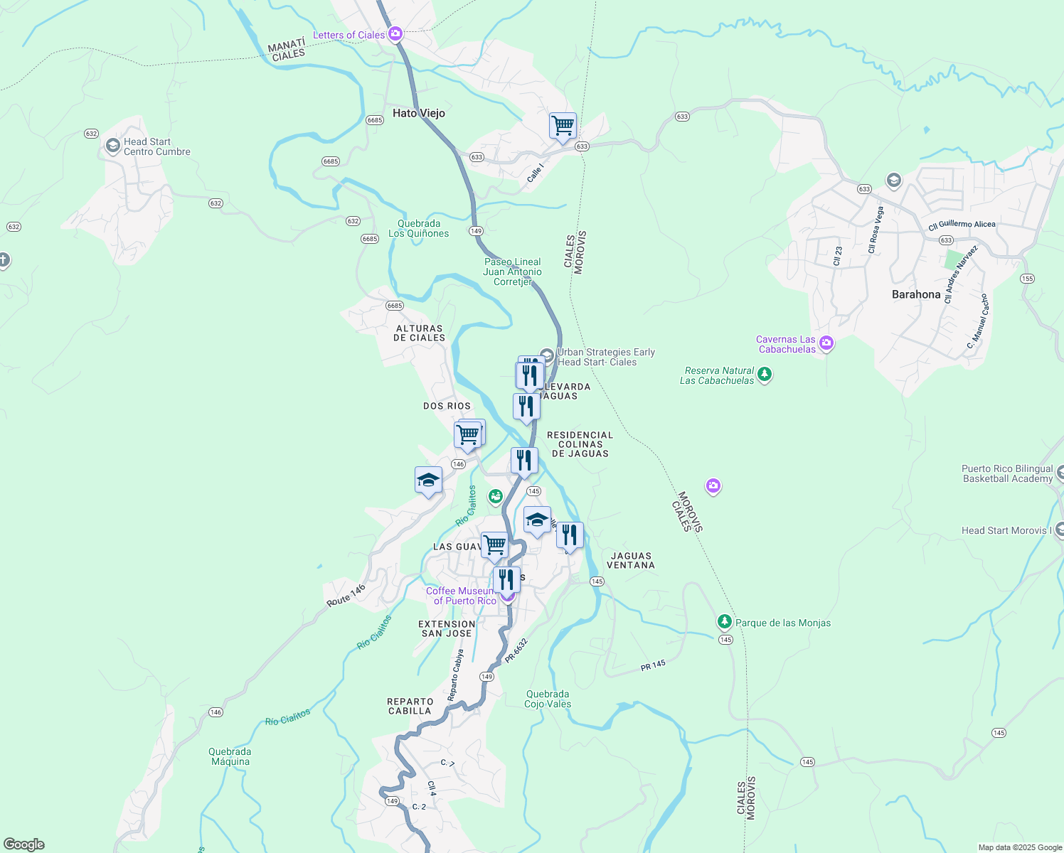 map of restaurants, bars, coffee shops, grocery stores, and more near Expreso De Ciales a Manati in Ciales