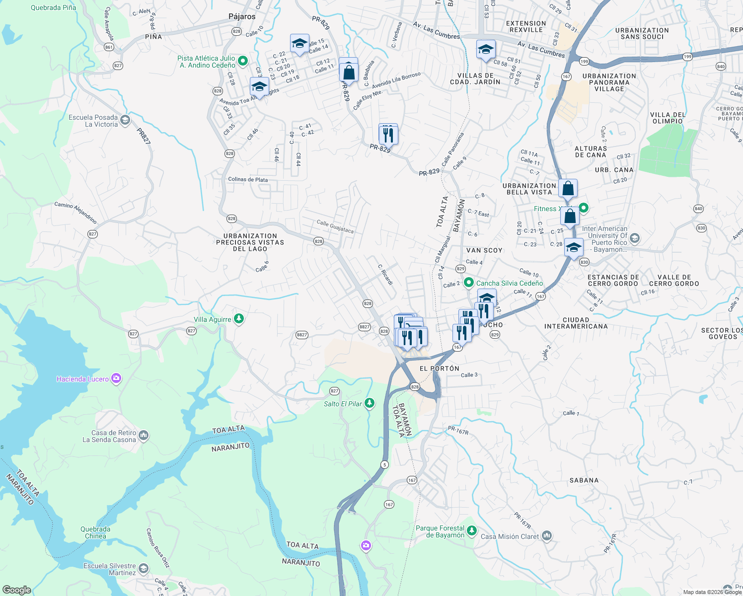 map of restaurants, bars, coffee shops, grocery stores, and more near Calle Barberini in Bayamón
