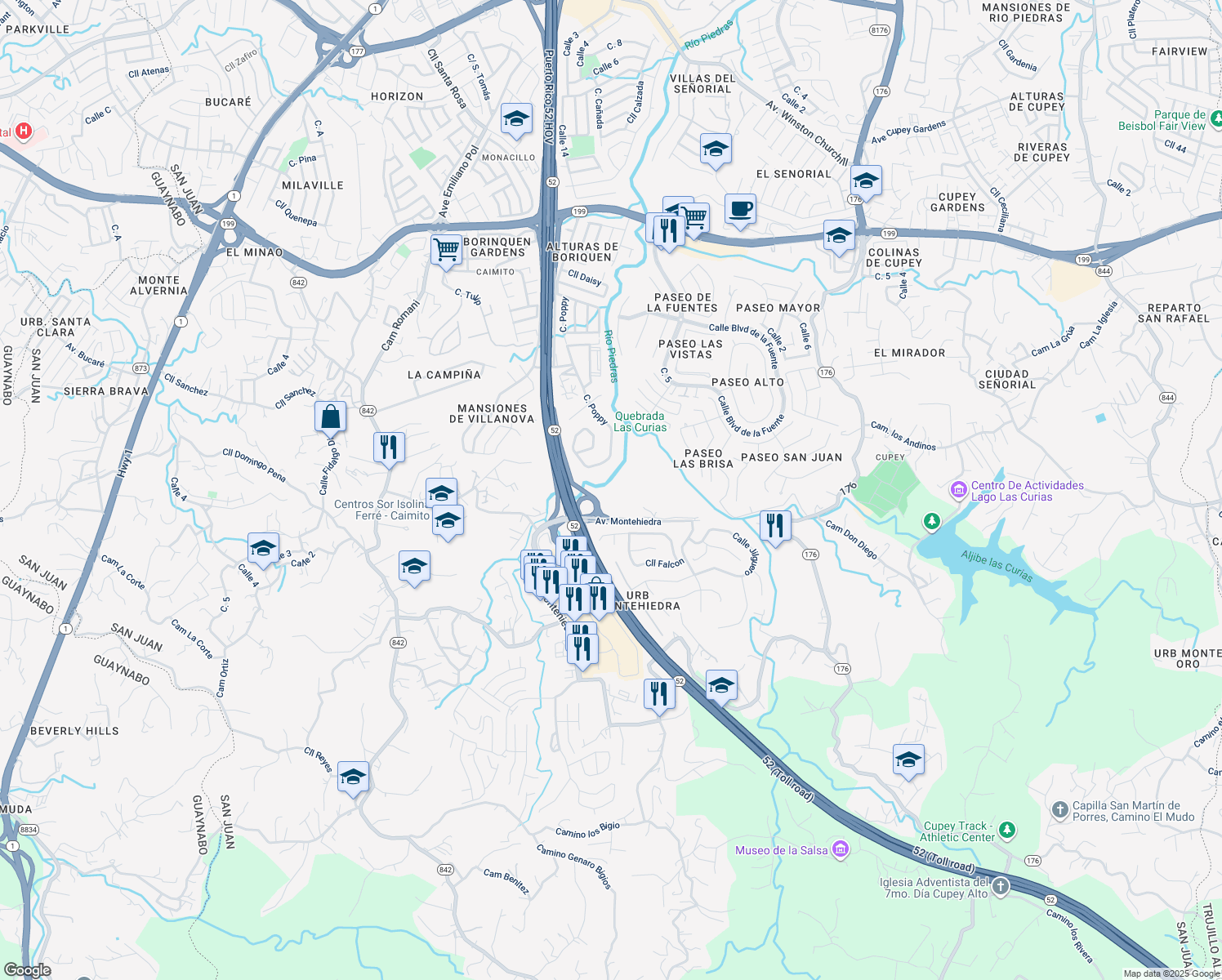 map of restaurants, bars, coffee shops, grocery stores, and more near in San Juan