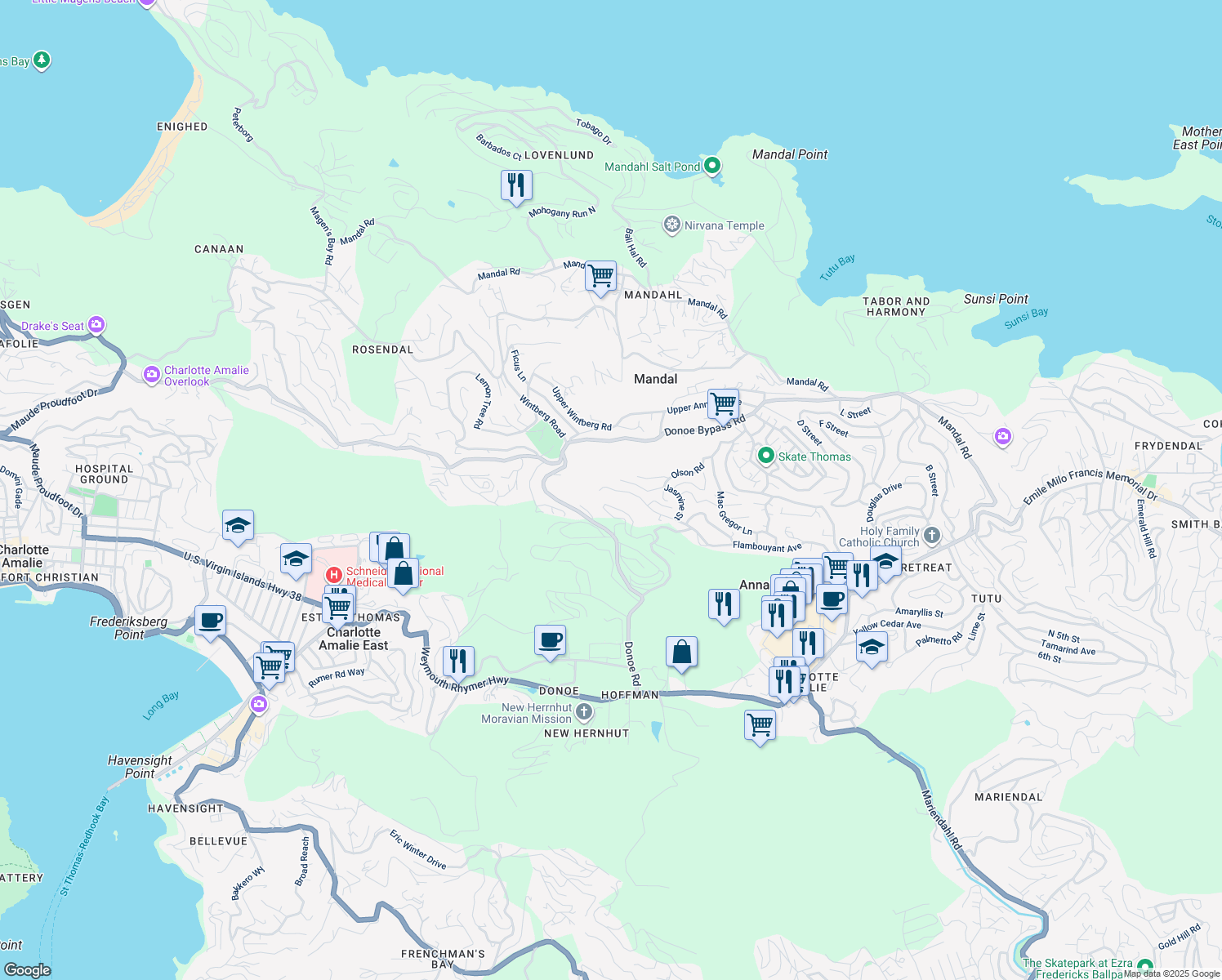 map of restaurants, bars, coffee shops, grocery stores, and more near in Anna's Retreat