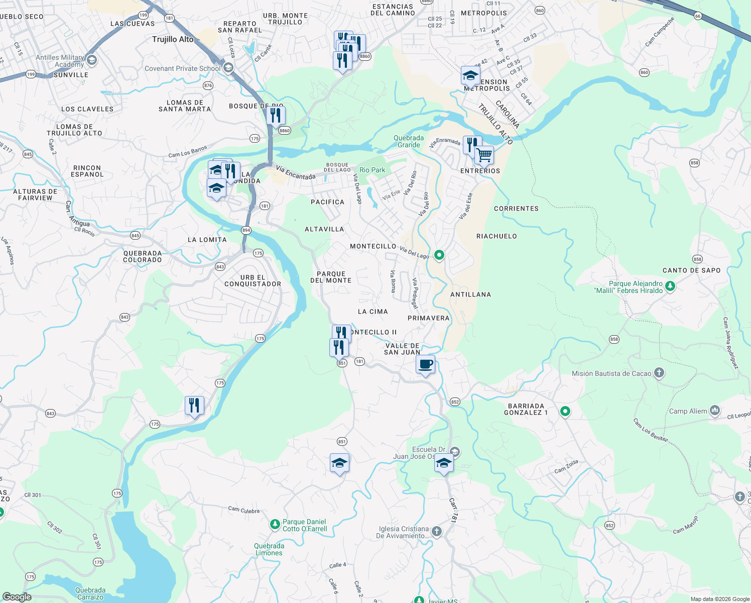 map of restaurants, bars, coffee shops, grocery stores, and more near Vía Pedregal in Trujillo Alto
