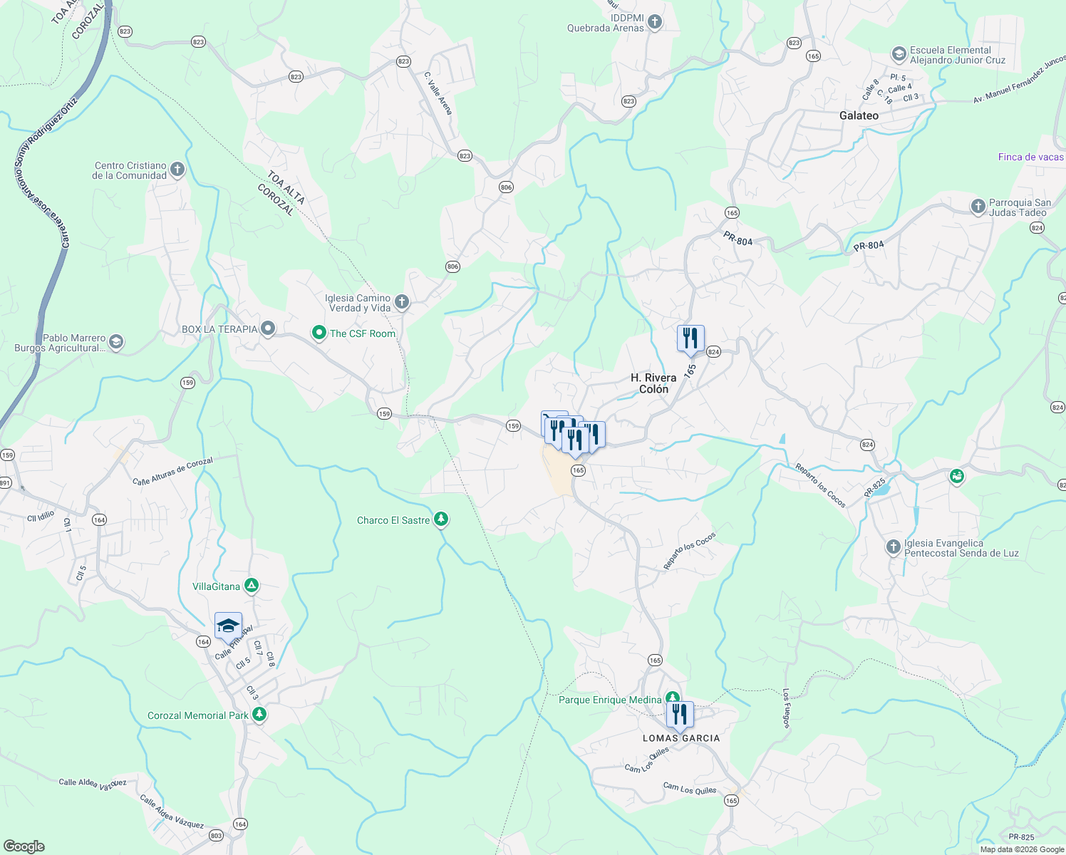 map of restaurants, bars, coffee shops, grocery stores, and more near Carretera 159 in Quebrada Arenas