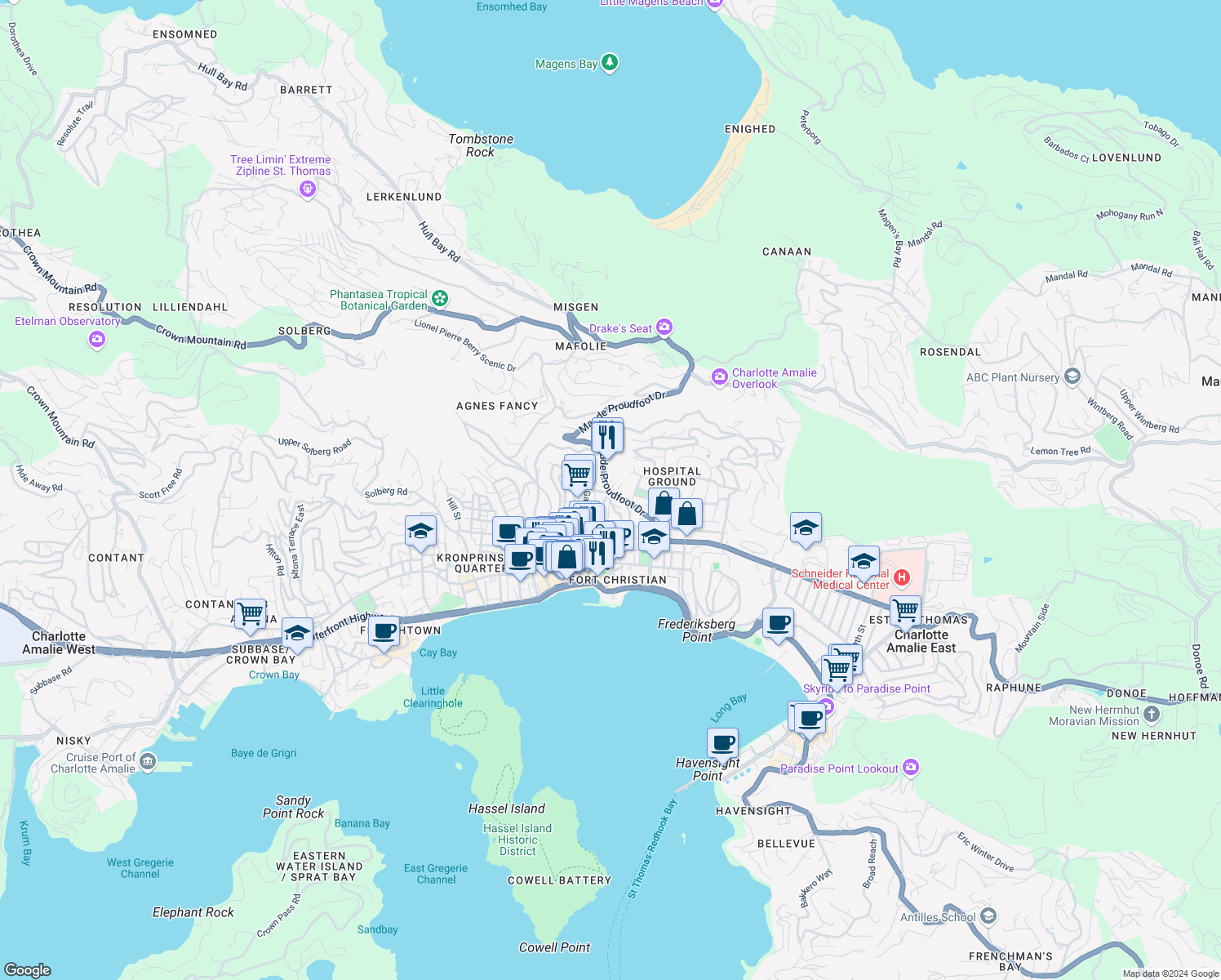 map of restaurants, bars, coffee shops, grocery stores, and more near 38 Prindsens Gade in Charlotte Amalie