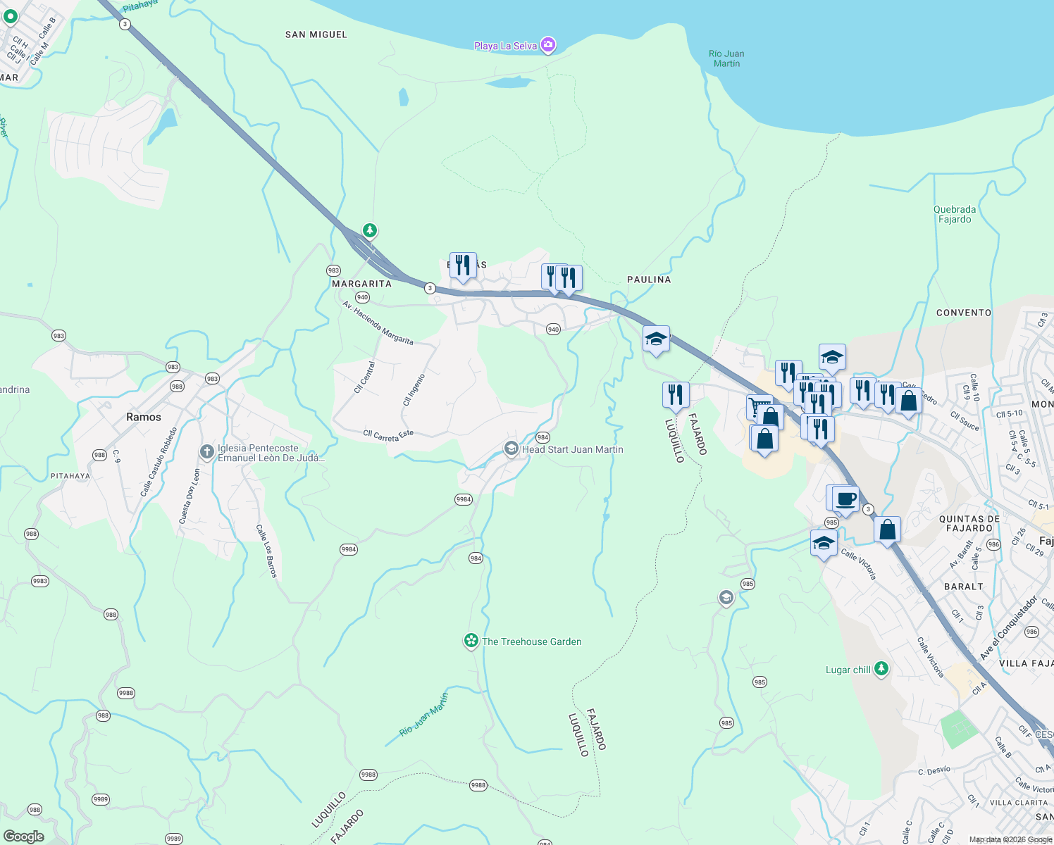map of restaurants, bars, coffee shops, grocery stores, and more near PR-984 in Fajardo