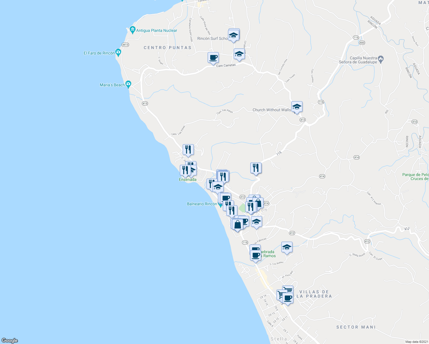 map of restaurants, bars, coffee shops, grocery stores, and more near Puerto Rico 413 in Aguada