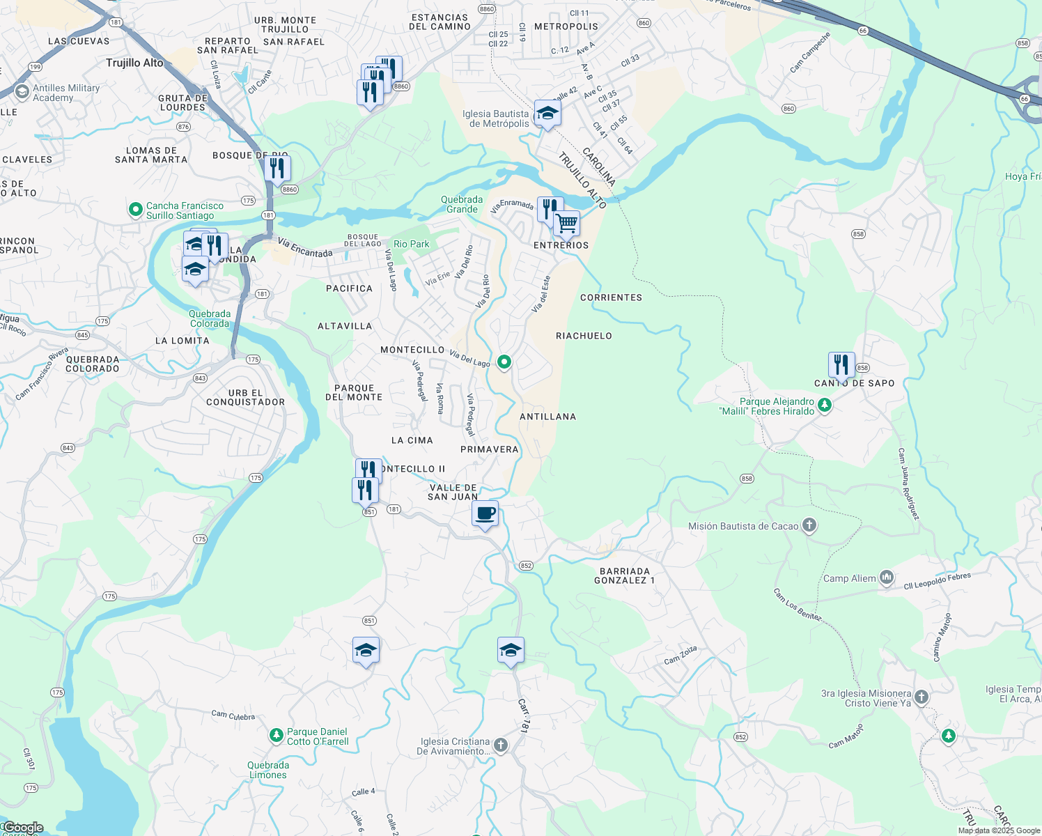 map of restaurants, bars, coffee shops, grocery stores, and more near Vía Aventura in Carolina