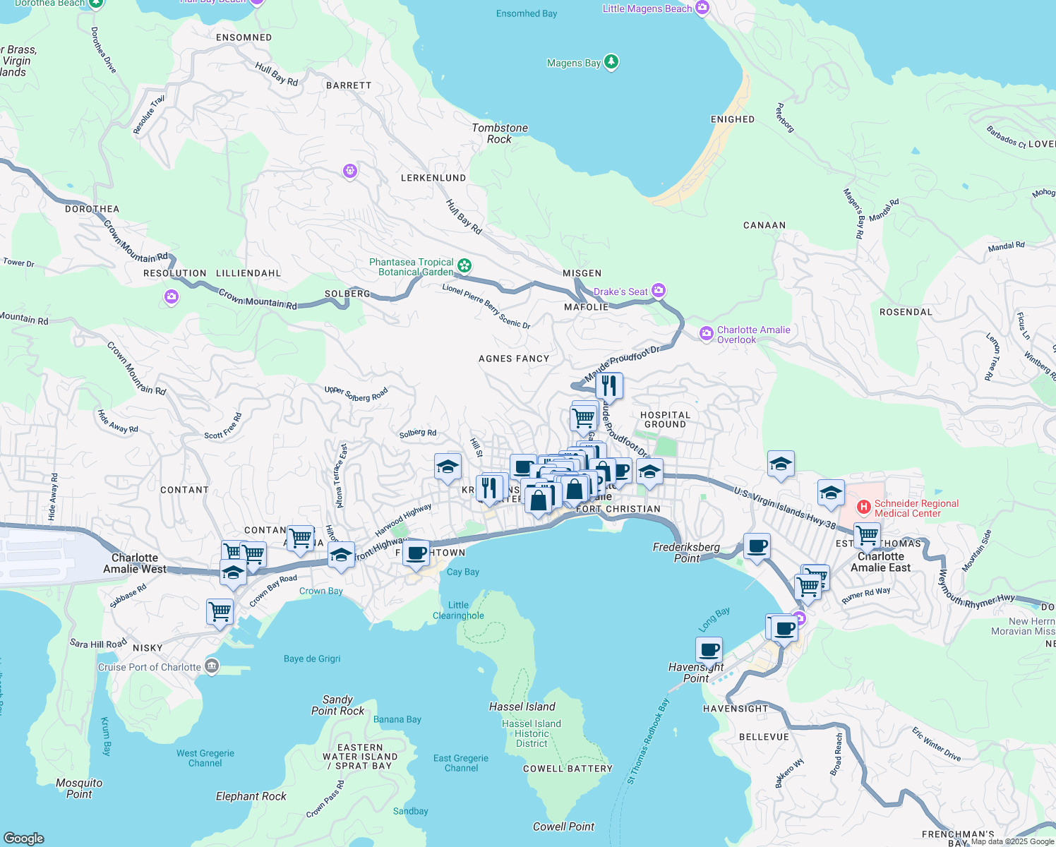 map of restaurants, bars, coffee shops, grocery stores, and more near Tamerind Gade in Charlotte Amalie