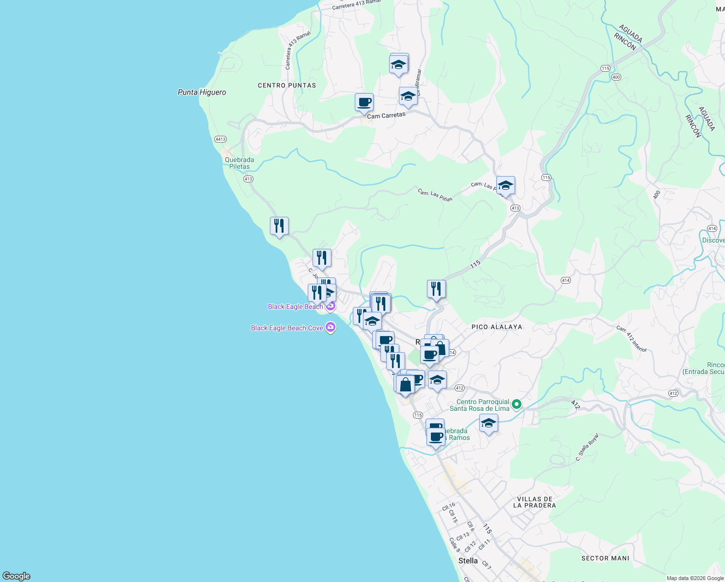 map of restaurants, bars, coffee shops, grocery stores, and more near Colinas de Ensenada in Rincon
