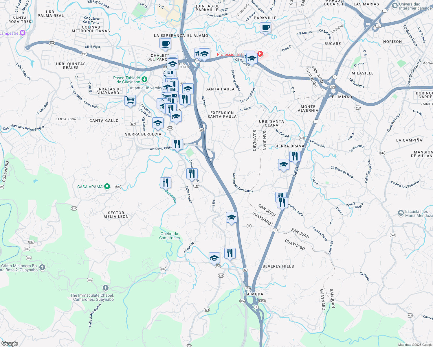 map of restaurants, bars, coffee shops, grocery stores, and more near 20 in Guaynabo