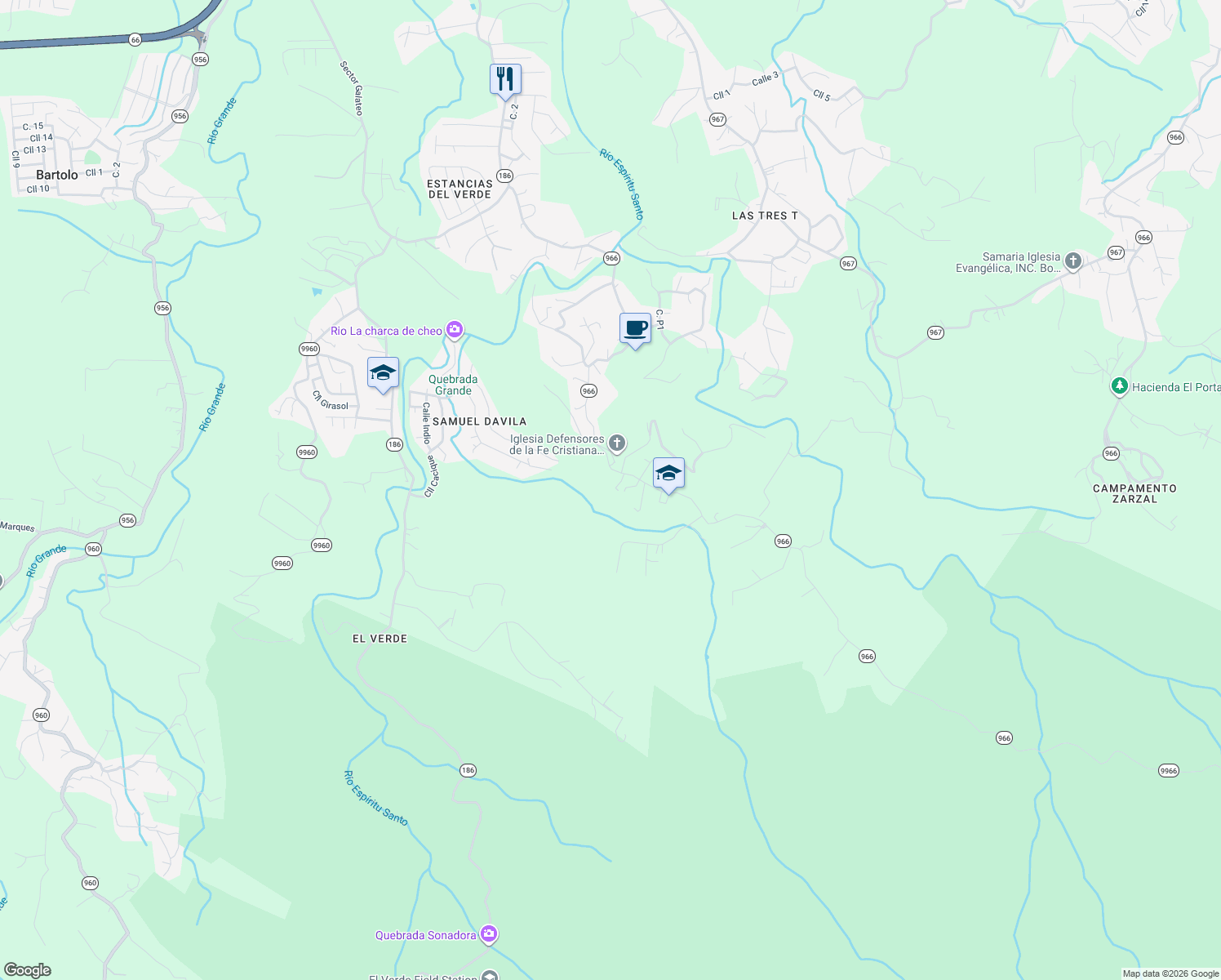 map of restaurants, bars, coffee shops, grocery stores, and more near Puerto Rico 966 in Río Grande
