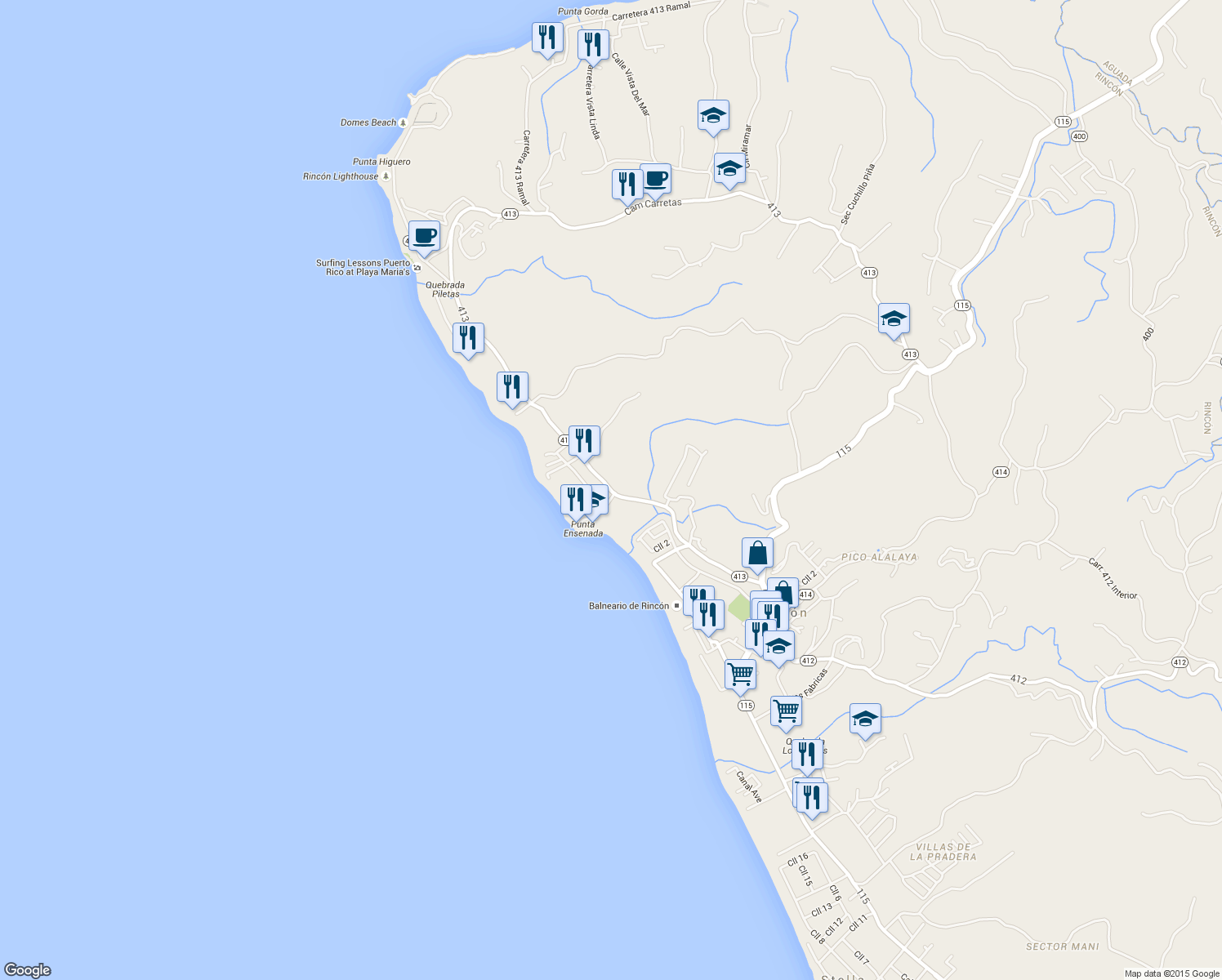 map of restaurants, bars, coffee shops, grocery stores, and more near Puerto Rico 413 in Rincón