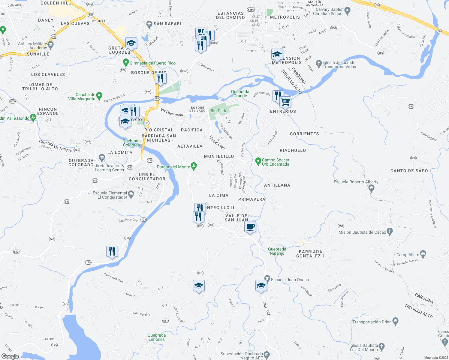 map of restaurants, bars, coffee shops, grocery stores, and more near Vía Pedregal in Trujillo Alto