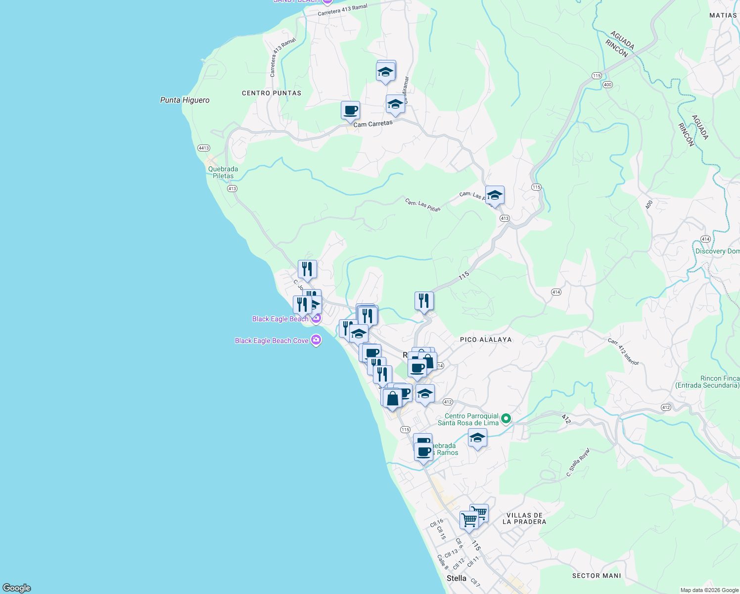 map of restaurants, bars, coffee shops, grocery stores, and more near Colinas de Ensenada in Rincon