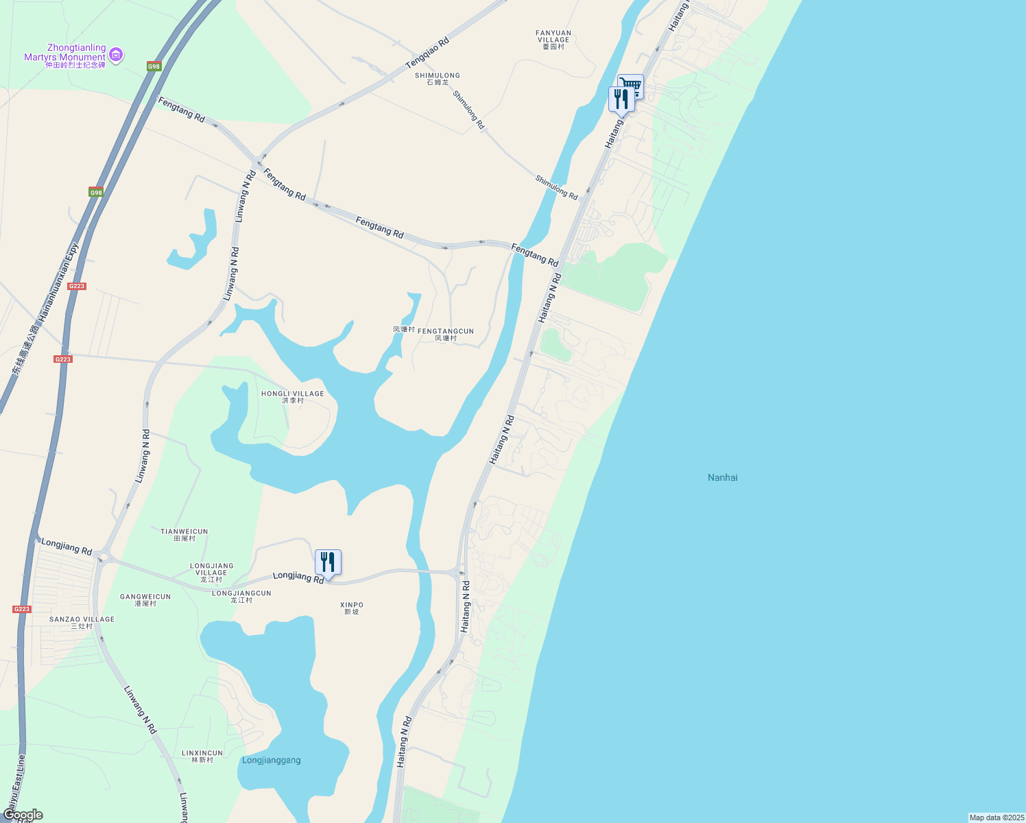 map of restaurants, bars, coffee shops, grocery stores, and more near Hai Tang Bei Lu in San Ya Shi