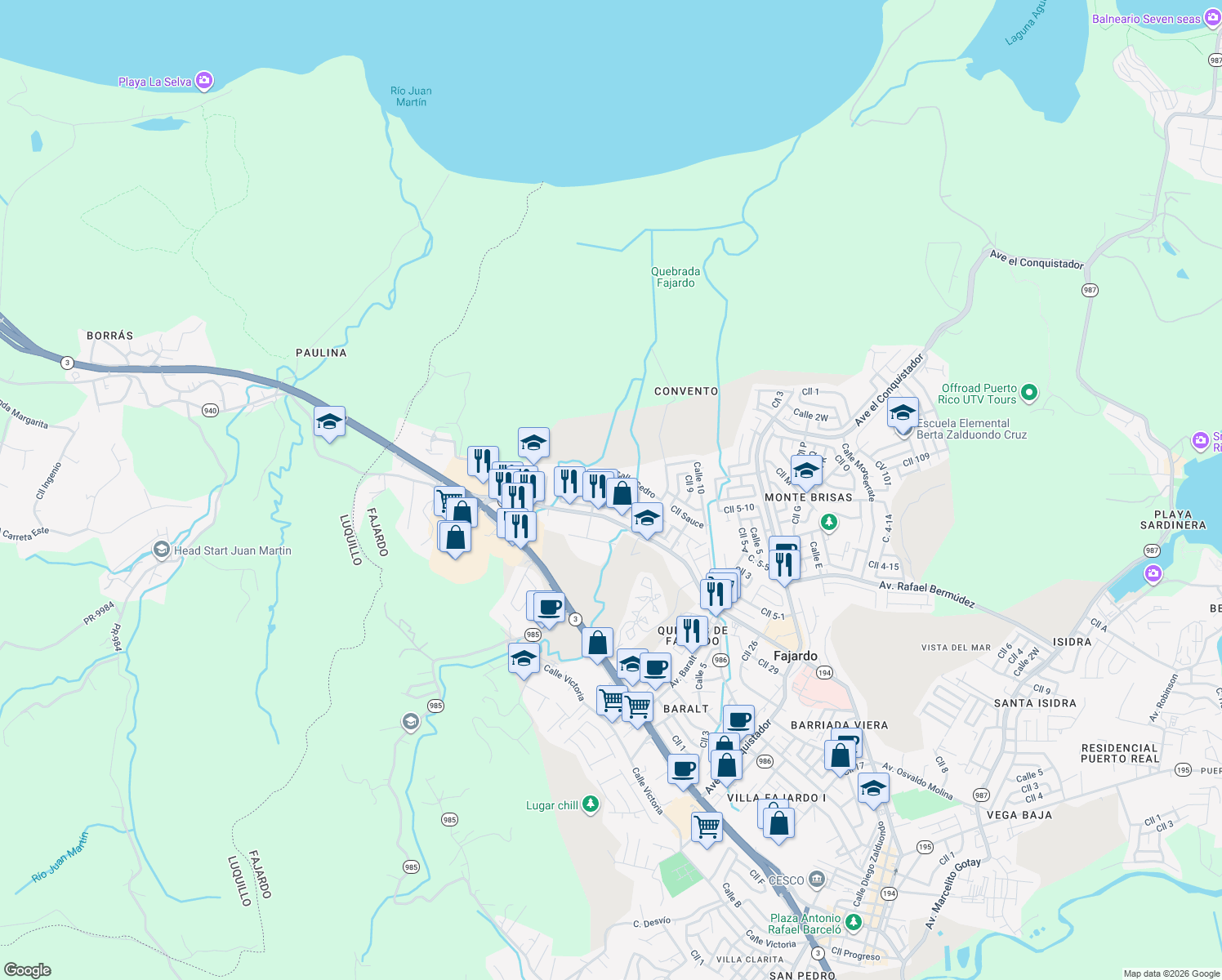 map of restaurants, bars, coffee shops, grocery stores, and more near 27-31 Calle Nogal in Fajardo