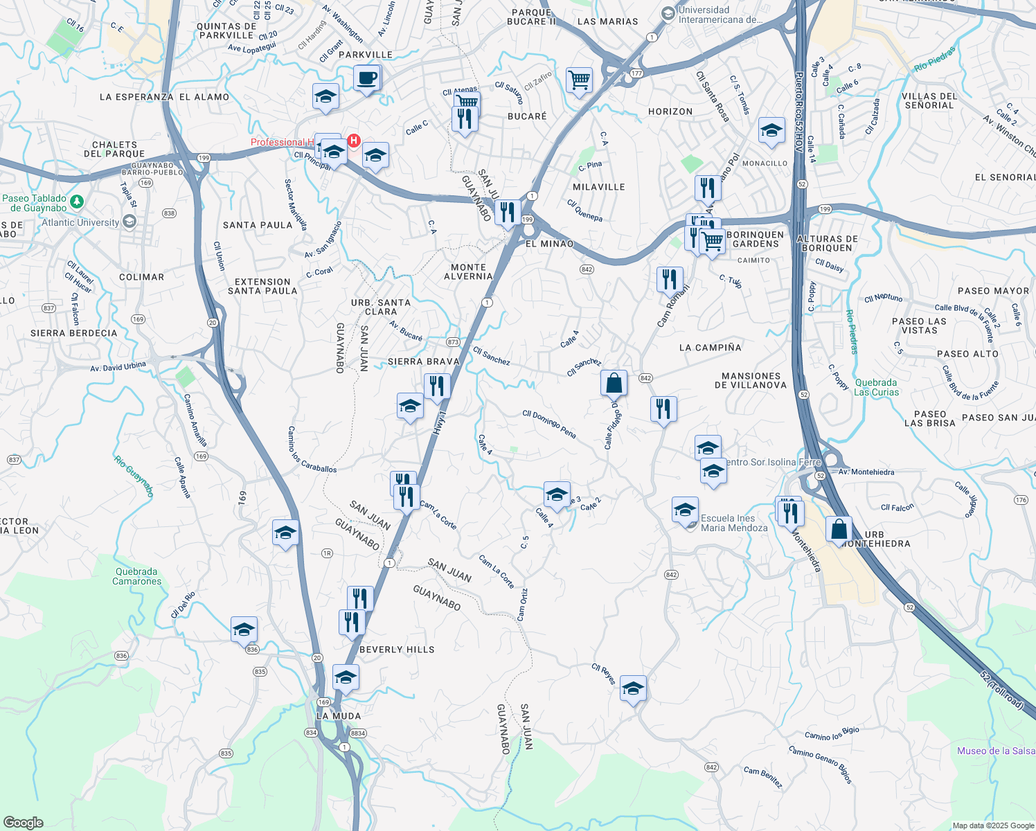 map of restaurants, bars, coffee shops, grocery stores, and more near Camino Parcelas Canejas in San Juan