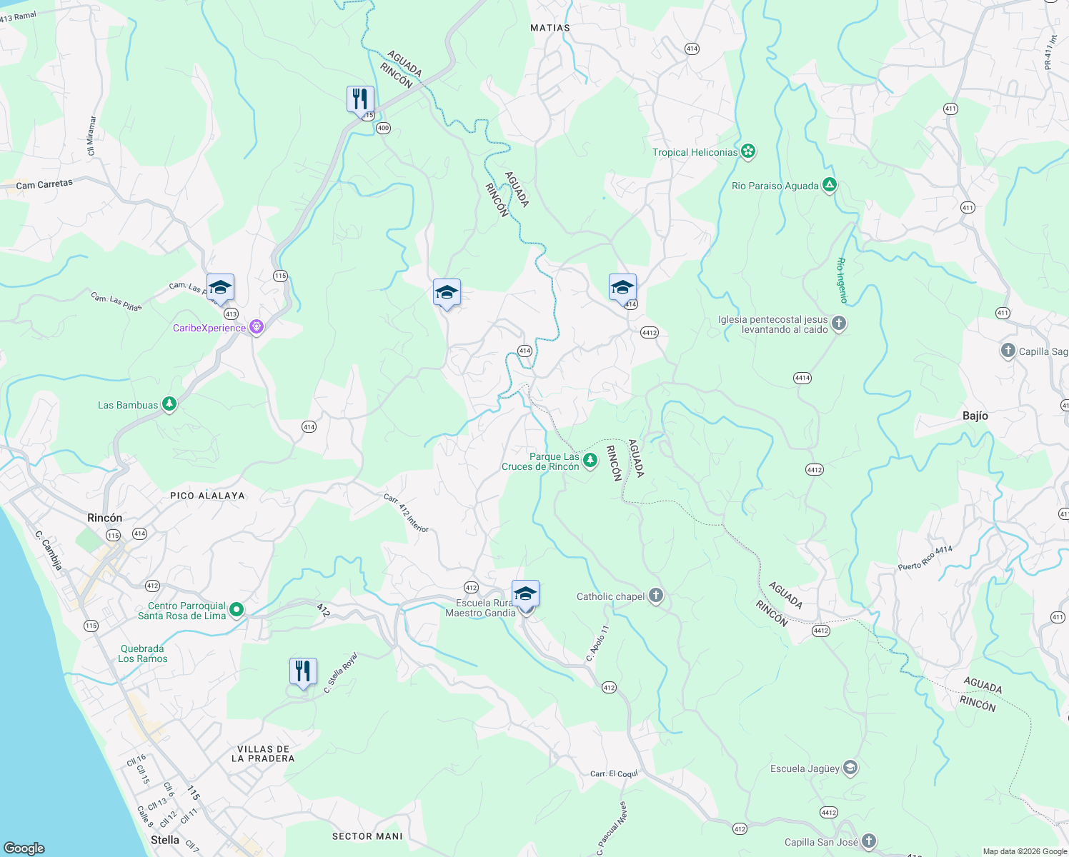 map of restaurants, bars, coffee shops, grocery stores, and more near PR-414 in Aguada