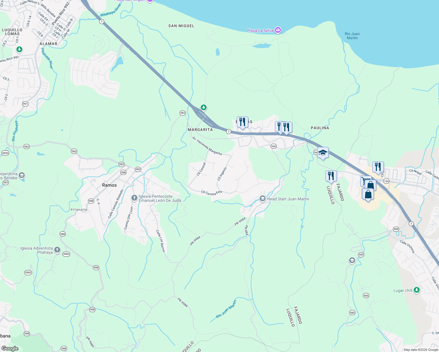 map of restaurants, bars, coffee shops, grocery stores, and more near Calle Ingenio in Fajardo