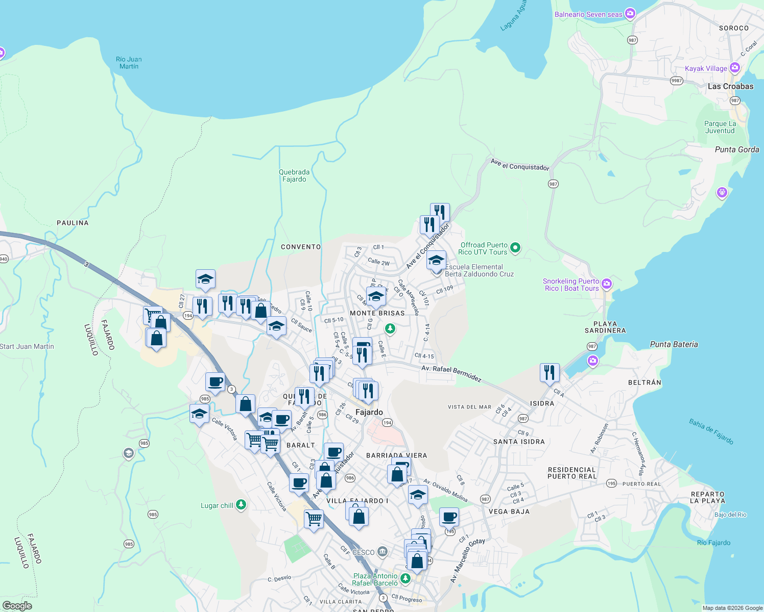 map of restaurants, bars, coffee shops, grocery stores, and more near in Fajardo