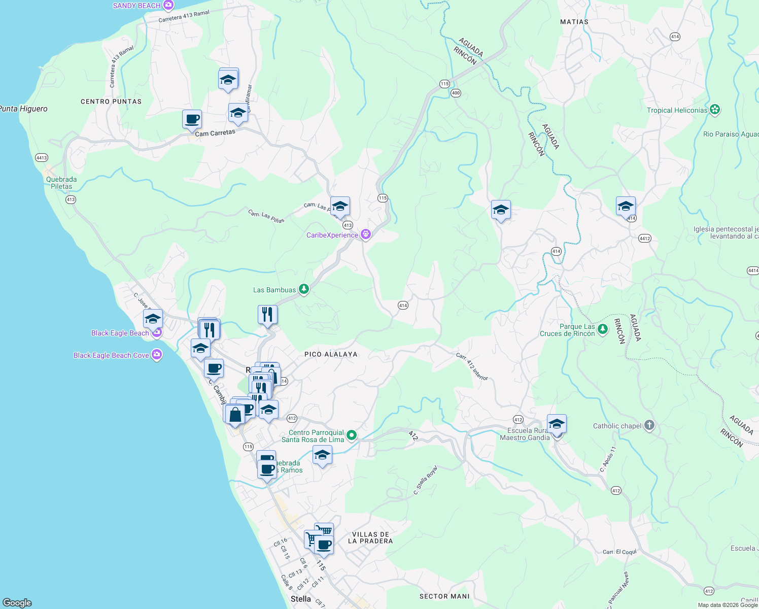 map of restaurants, bars, coffee shops, grocery stores, and more near in Rincon