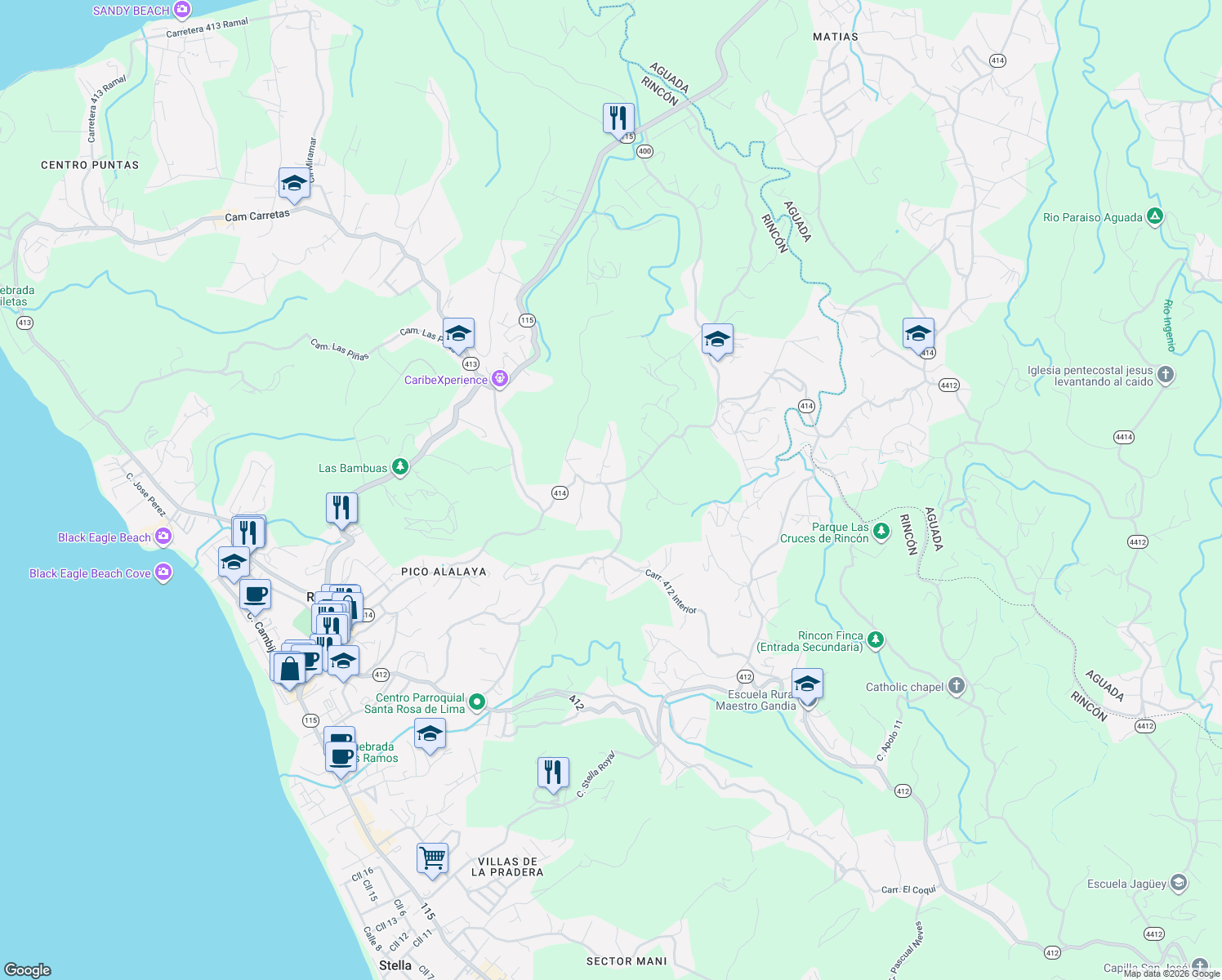 map of restaurants, bars, coffee shops, grocery stores, and more near Camino Mortero in Aguada