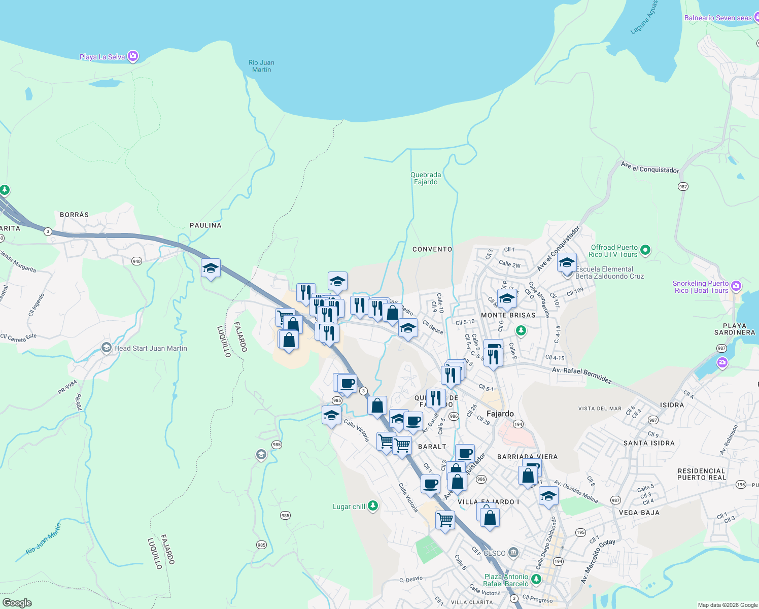 map of restaurants, bars, coffee shops, grocery stores, and more near Calle Nogal in Fajardo