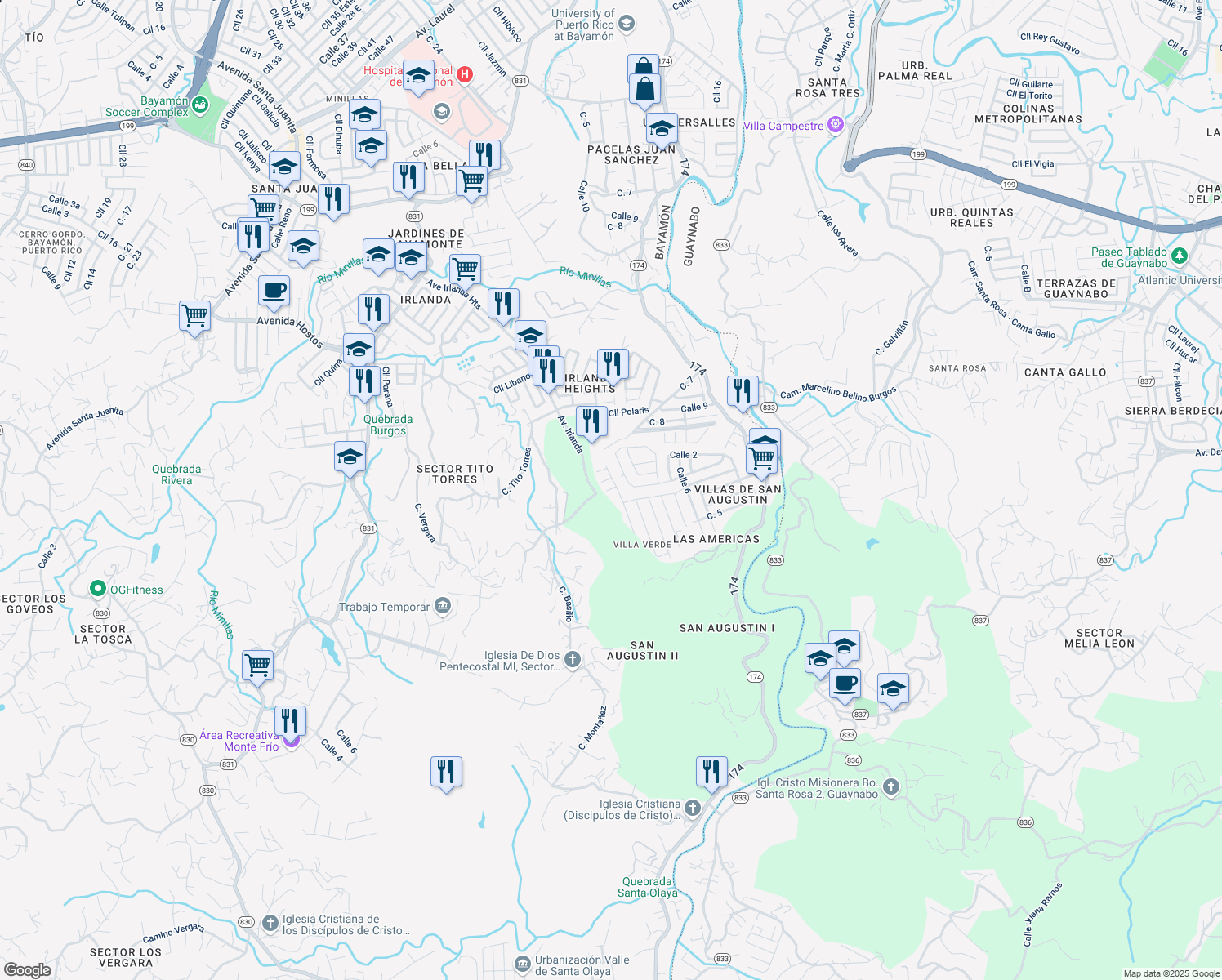 map of restaurants, bars, coffee shops, grocery stores, and more near Calle 19 in Bayamón