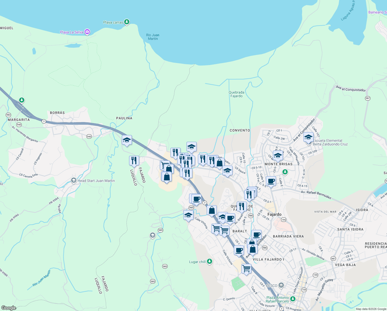 map of restaurants, bars, coffee shops, grocery stores, and more near Calle Tabonuco in Fajardo