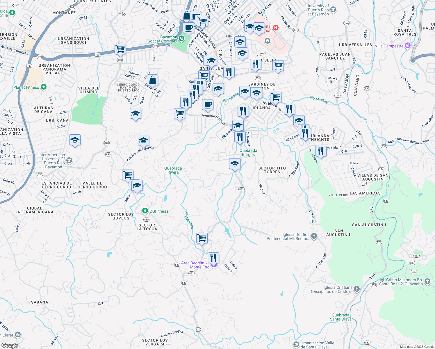 map of restaurants, bars, coffee shops, grocery stores, and more near Calle Adrian Ortez in Bayamón