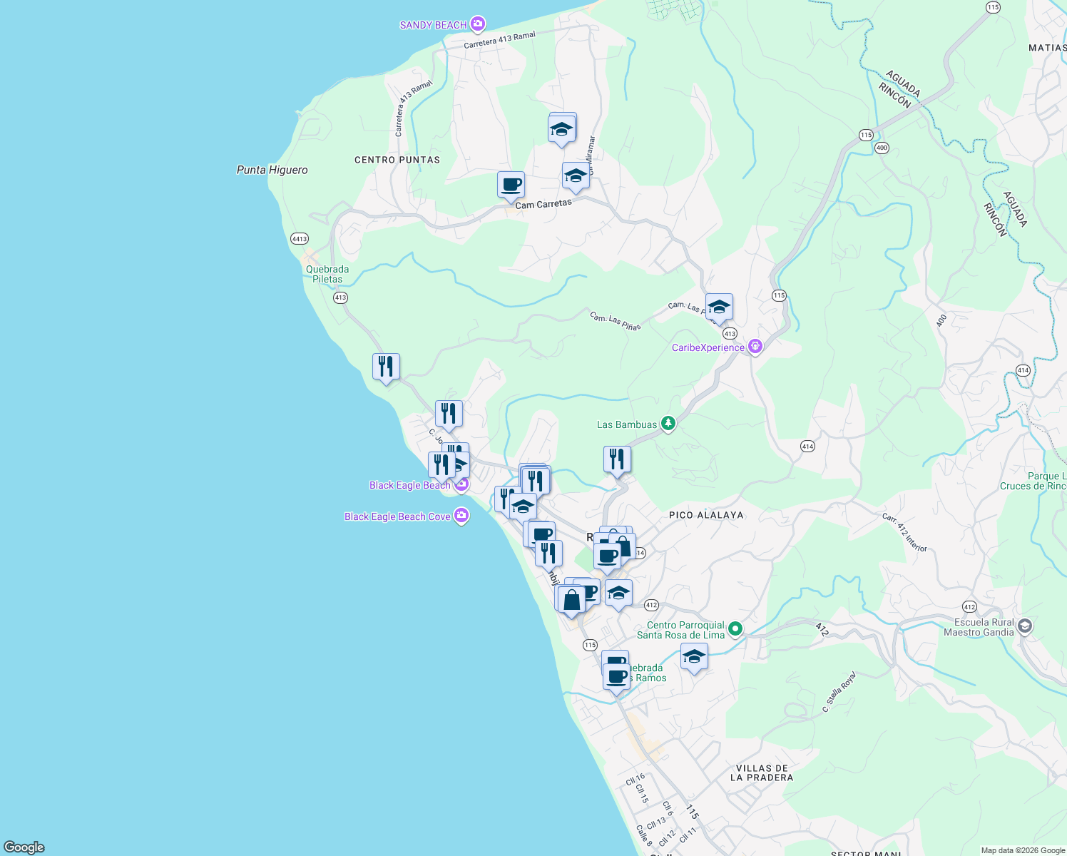 map of restaurants, bars, coffee shops, grocery stores, and more near 51 Colinas de Ensenada in Rincón