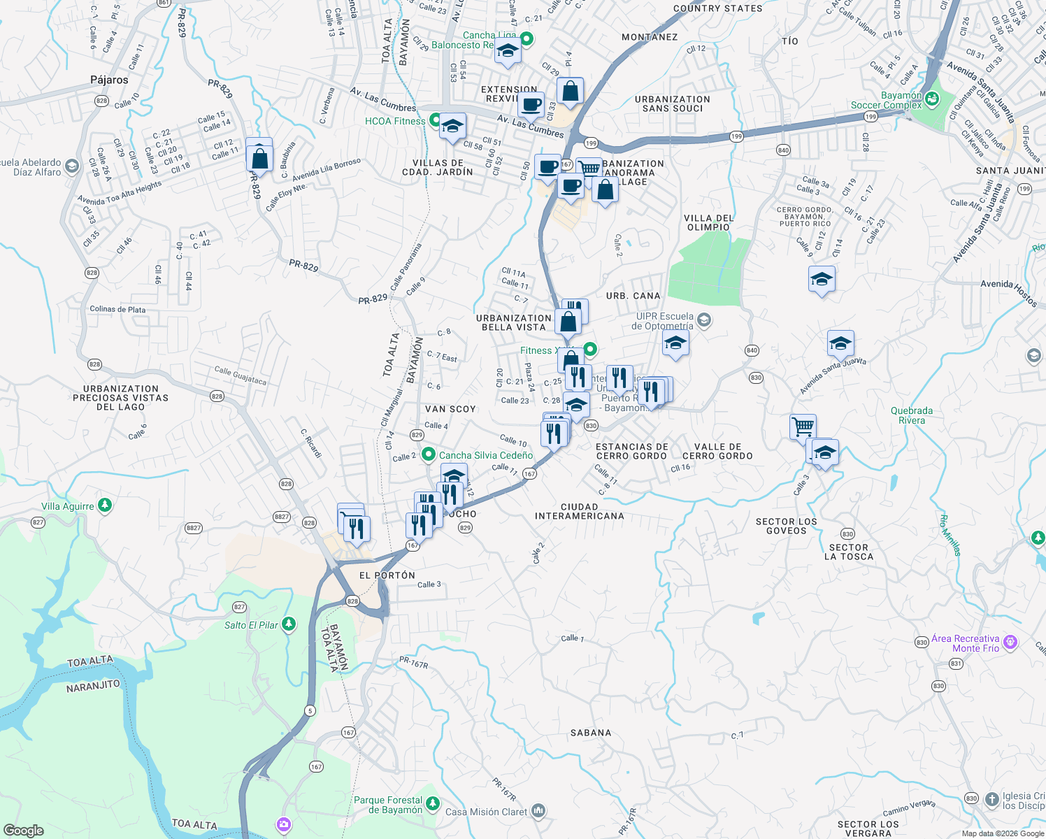 map of restaurants, bars, coffee shops, grocery stores, and more near Calle 4 in Bayamón