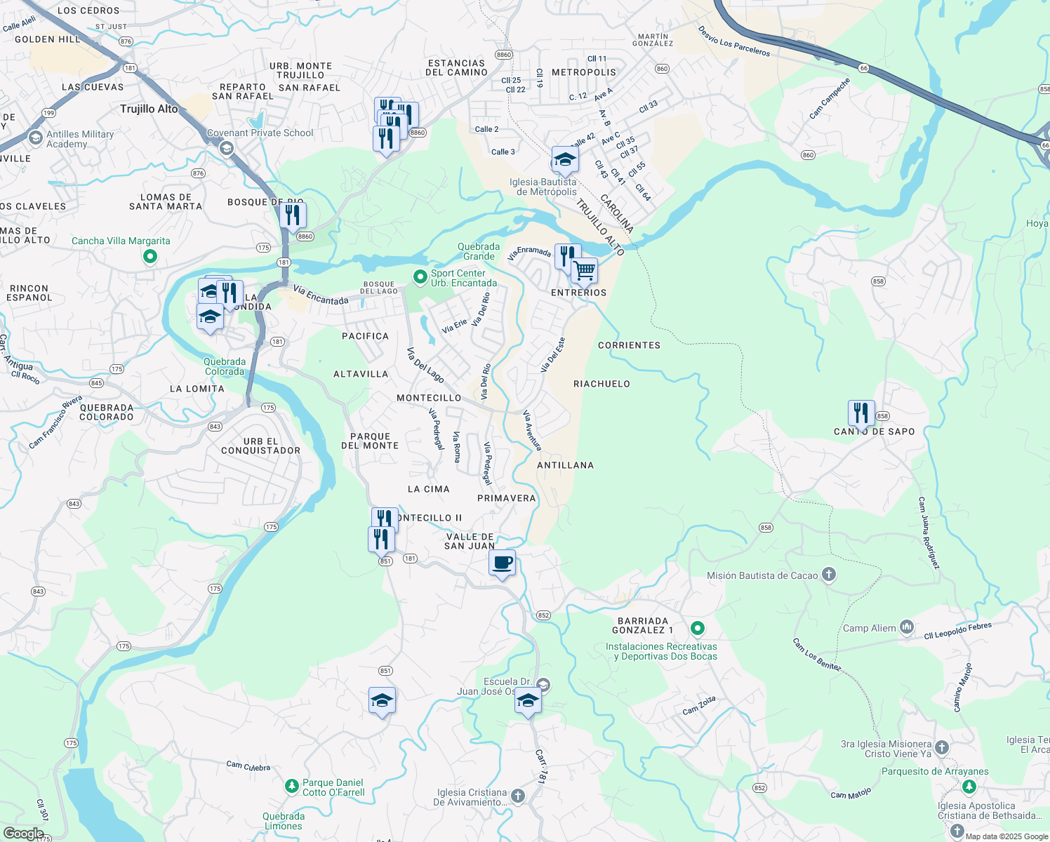 map of restaurants, bars, coffee shops, grocery stores, and more near in Trujillo Alto