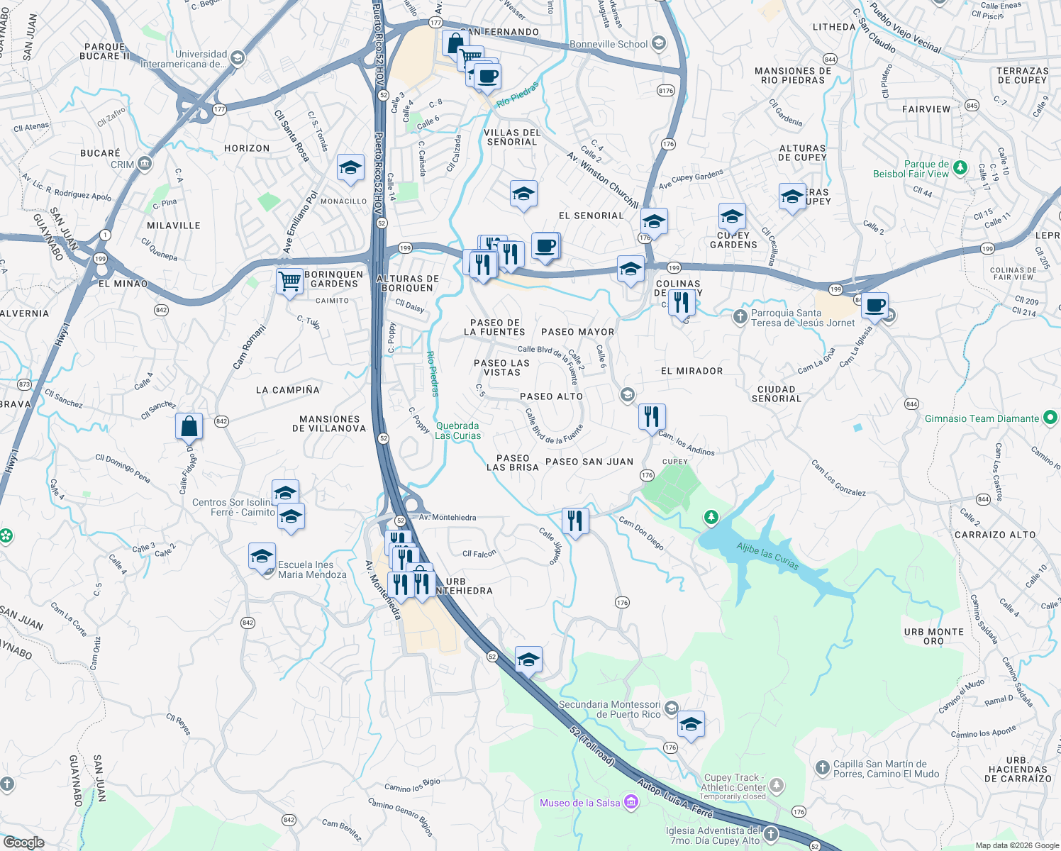 map of restaurants, bars, coffee shops, grocery stores, and more near Avenida Los Parques in San Juan