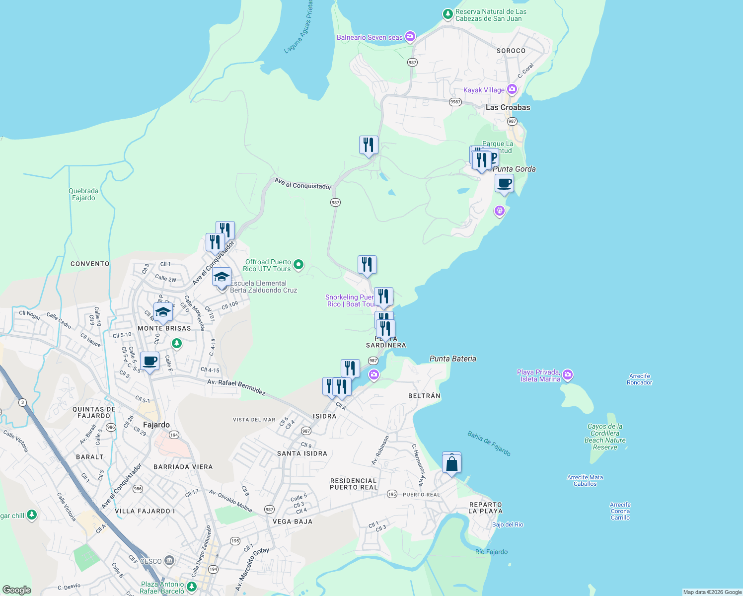map of restaurants, bars, coffee shops, grocery stores, and more near Carretera Cabezas de San Juan in Fajardo