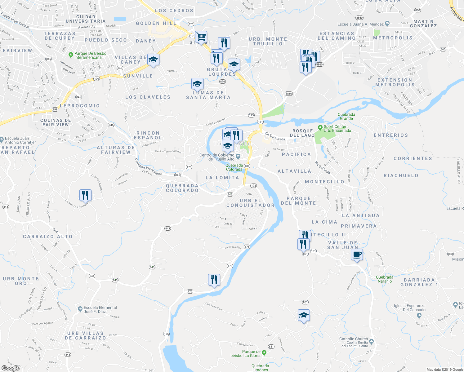 map of restaurants, bars, coffee shops, grocery stores, and more near Puerto Rico 175 in Trujillo Alto