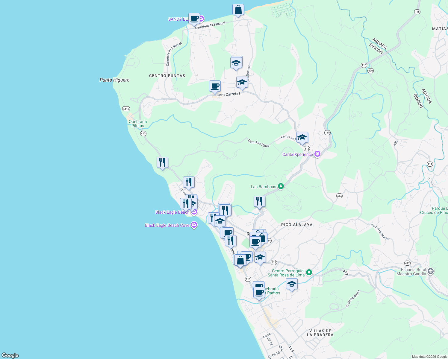 map of restaurants, bars, coffee shops, grocery stores, and more near 51 Colinas de Ensenada in Rincón