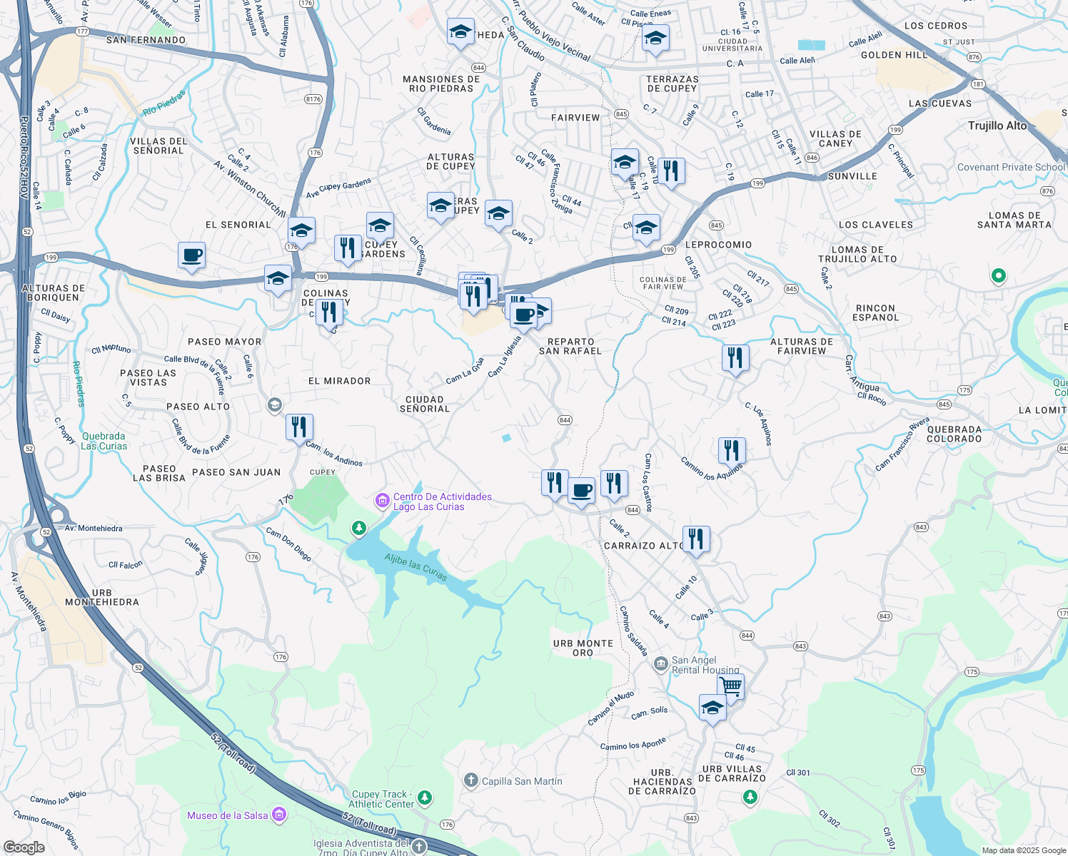 map of restaurants, bars, coffee shops, grocery stores, and more near Puerto Rico 844 in San Juan