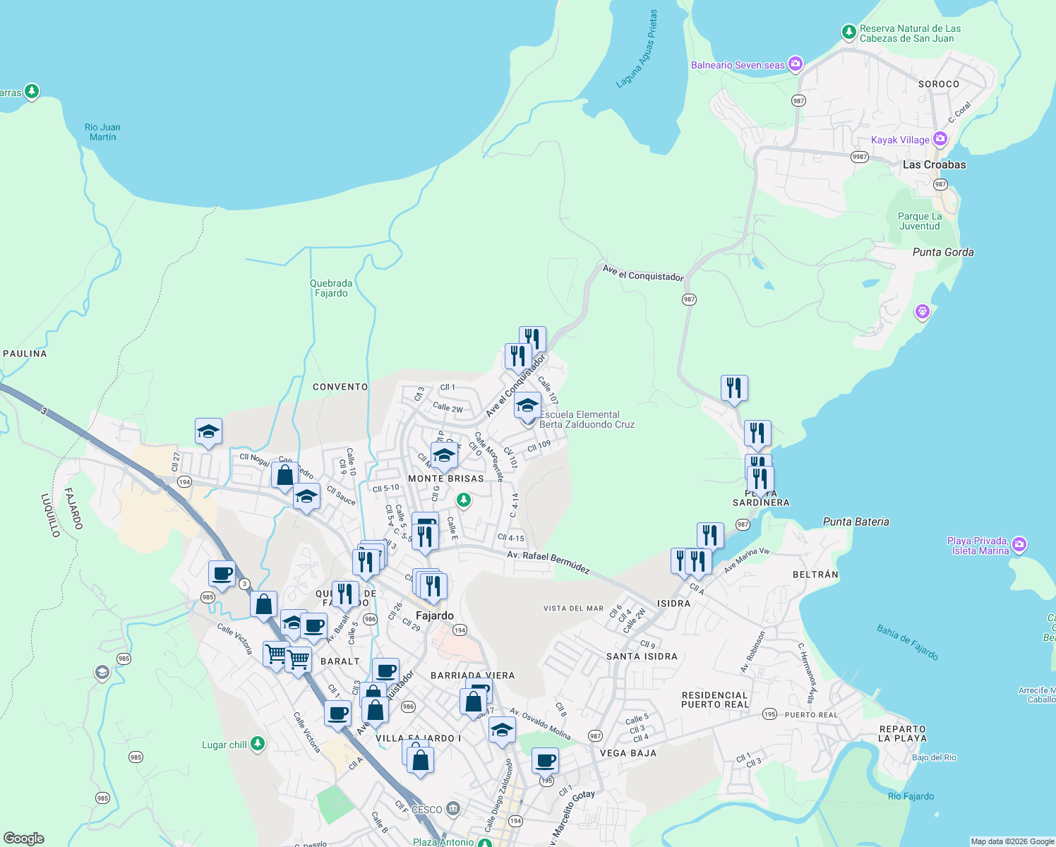 map of restaurants, bars, coffee shops, grocery stores, and more near in Fajardo