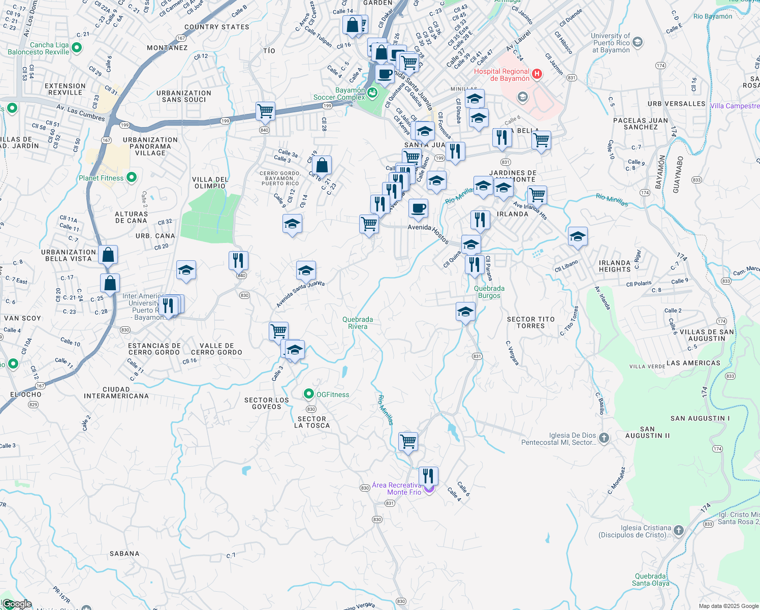 map of restaurants, bars, coffee shops, grocery stores, and more near Calle Adrian Ortez in Bayamón