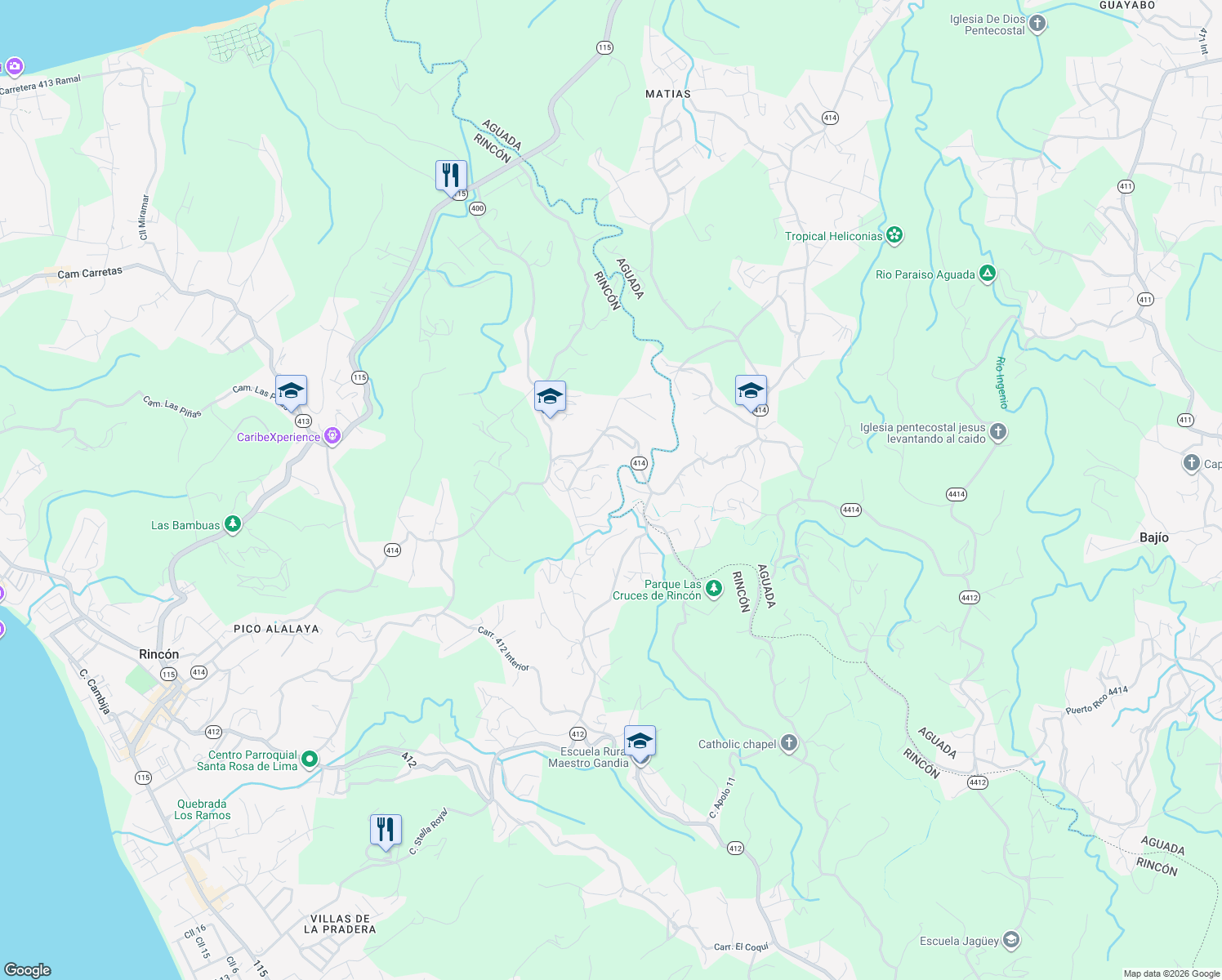 map of restaurants, bars, coffee shops, grocery stores, and more near in Rincon